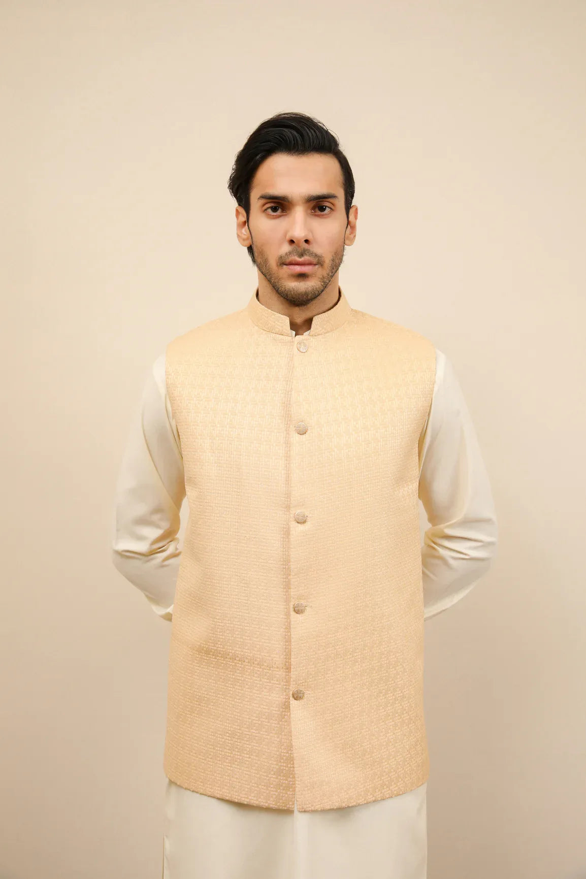 Skin Waffle Textured Jamawar Waistcoat - Men - Muraqsh -- Wedding Wear