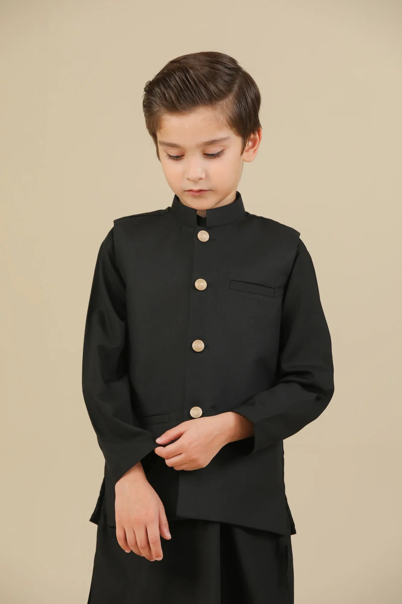 Black Kurta Trouser with Suiting Waistcoat - Straight Cut - Kids - Muraqsh -- Kidswear