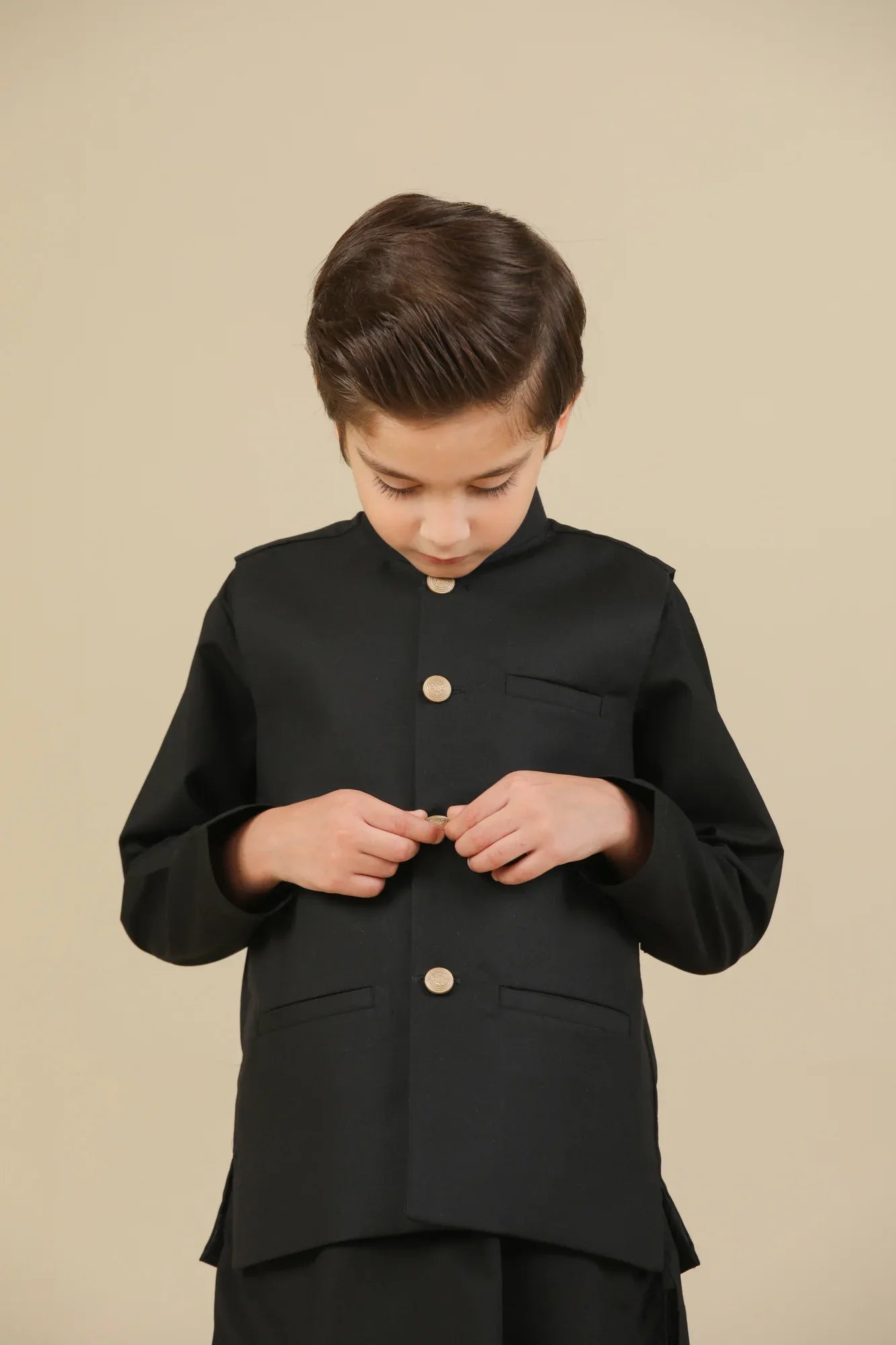 Black Kurta Trouser with Suiting Waistcoat - Straight Cut - Kids - Muraqsh -- Kidswear