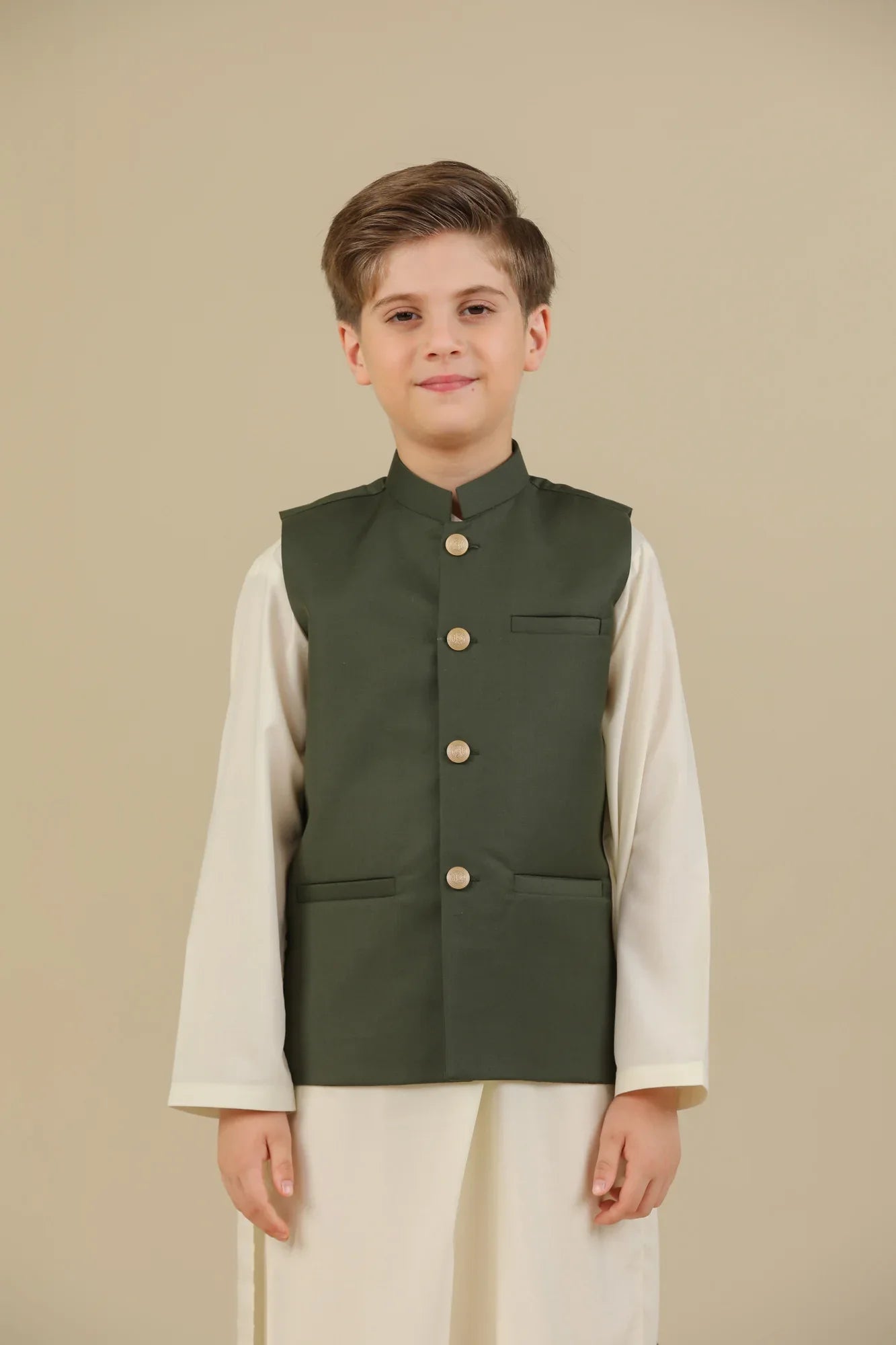 Army Green Suiting Waistcoat - Straight Cut Buttoned - Kids - Muraqsh -- Kidswear