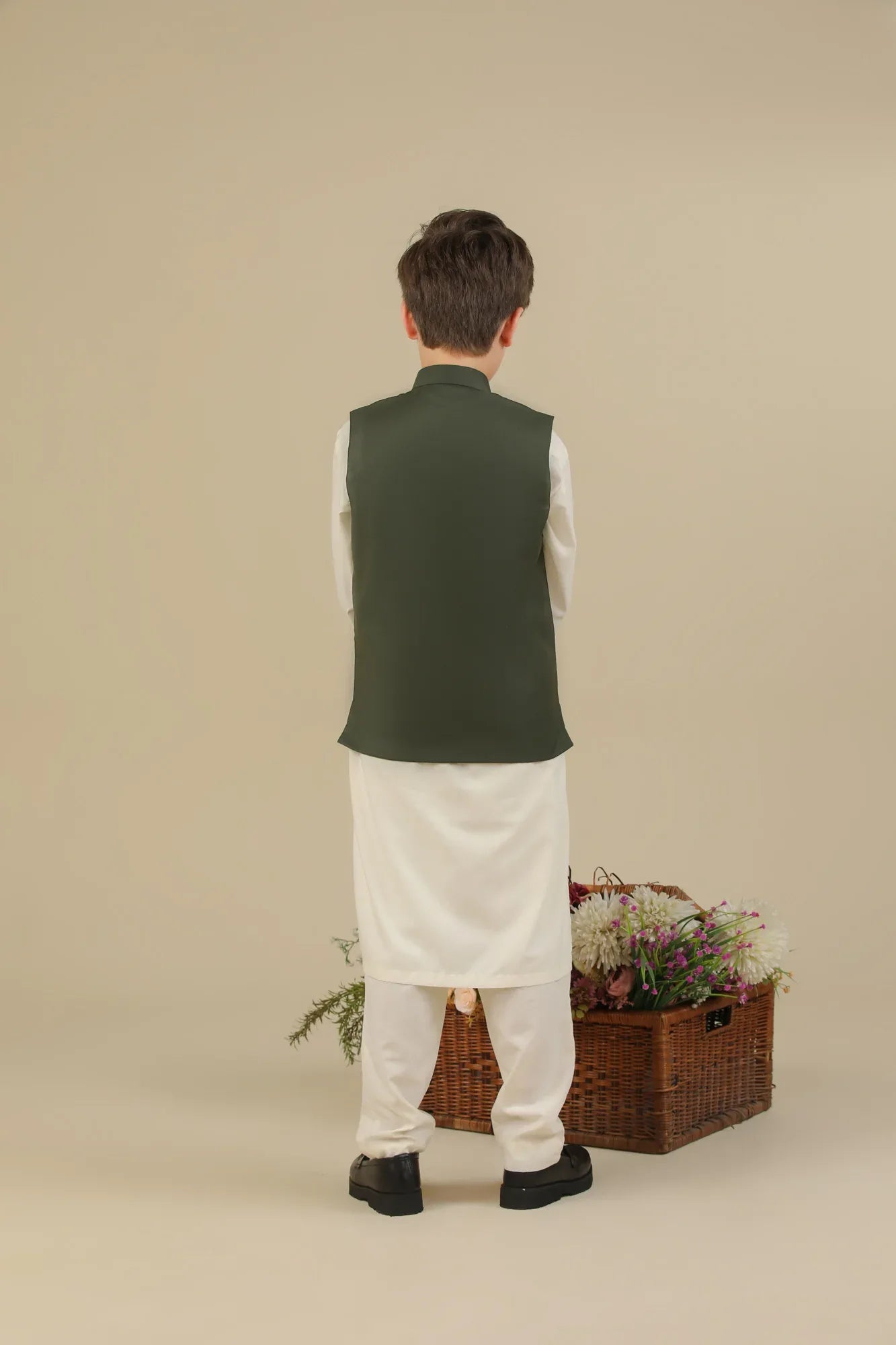 Bosky White Kurta Trouser with Army Green Suiting Waistcoat - Straight Cut - Kids - Muraqsh -- Kidswear