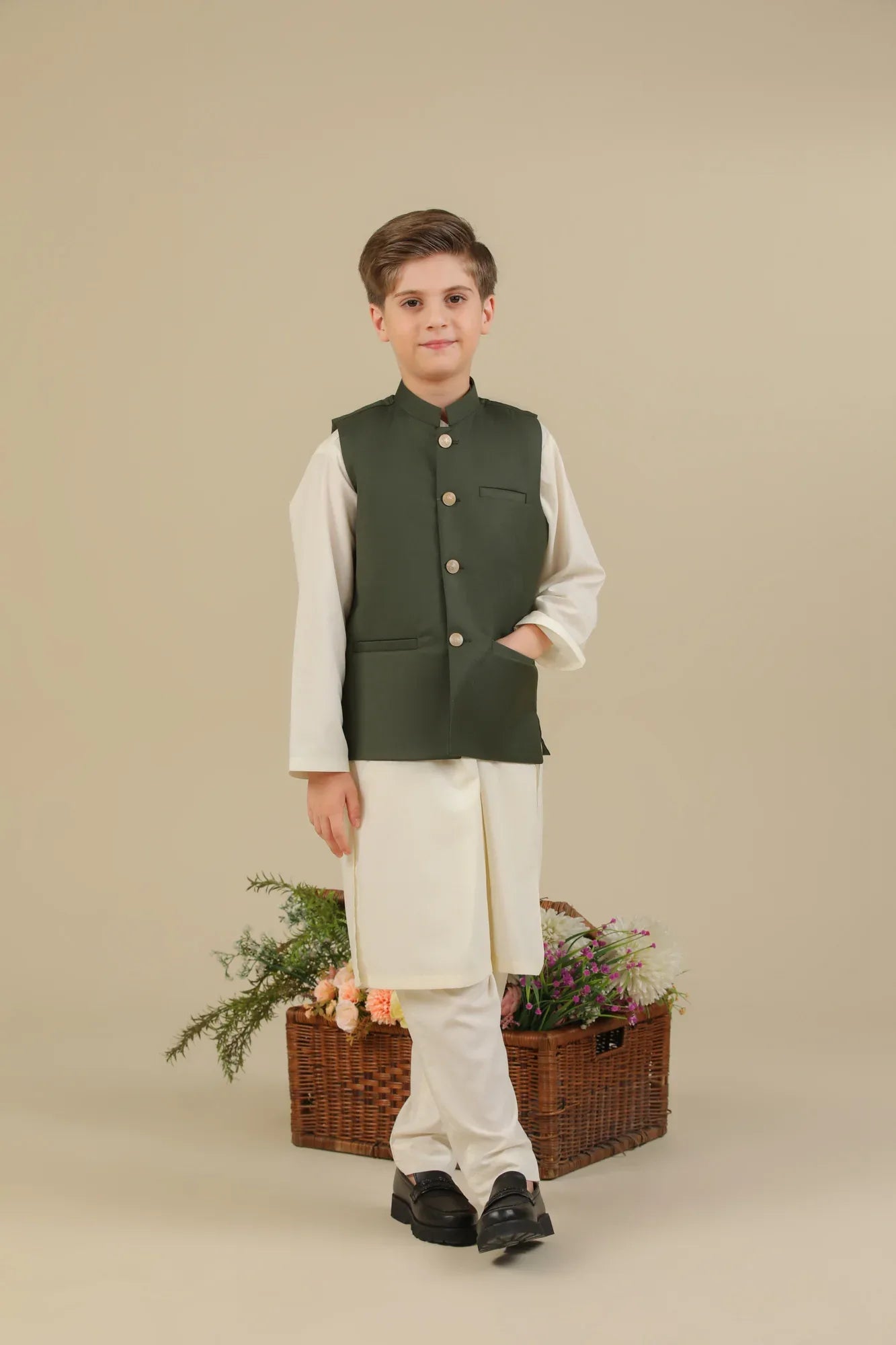 Army Green Suiting Waistcoat - Straight Cut Buttoned - Kids - Muraqsh -- Kidswear