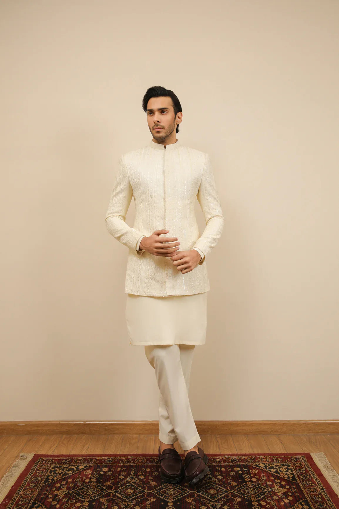 Bosky White Kurta Trouser with Falling Embroidered Prince Coat - 3PC - Men - Muraqsh -- Wedding Wear