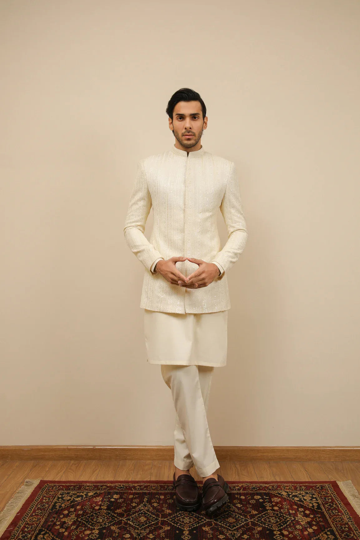 Bosky White Kurta Trouser with Falling Embroidered Prince Coat - 3PC - Men - Muraqsh -- Wedding Wear