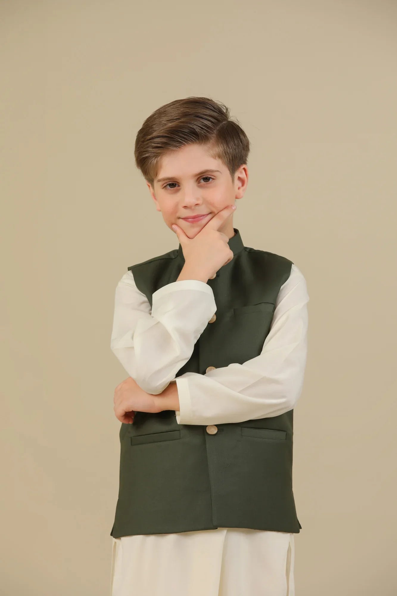 Bosky White Kurta Trouser with Army Green Suiting Waistcoat - Straight Cut - Kids - Muraqsh -- Kidswear