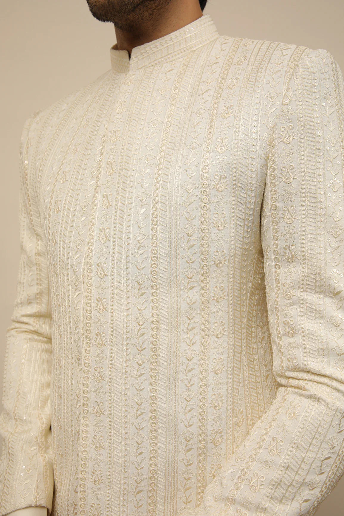 Bosky White Kurta Trouser with Falling Embroidered Prince Coat - 3PC - Men - Muraqsh -- Wedding Wear