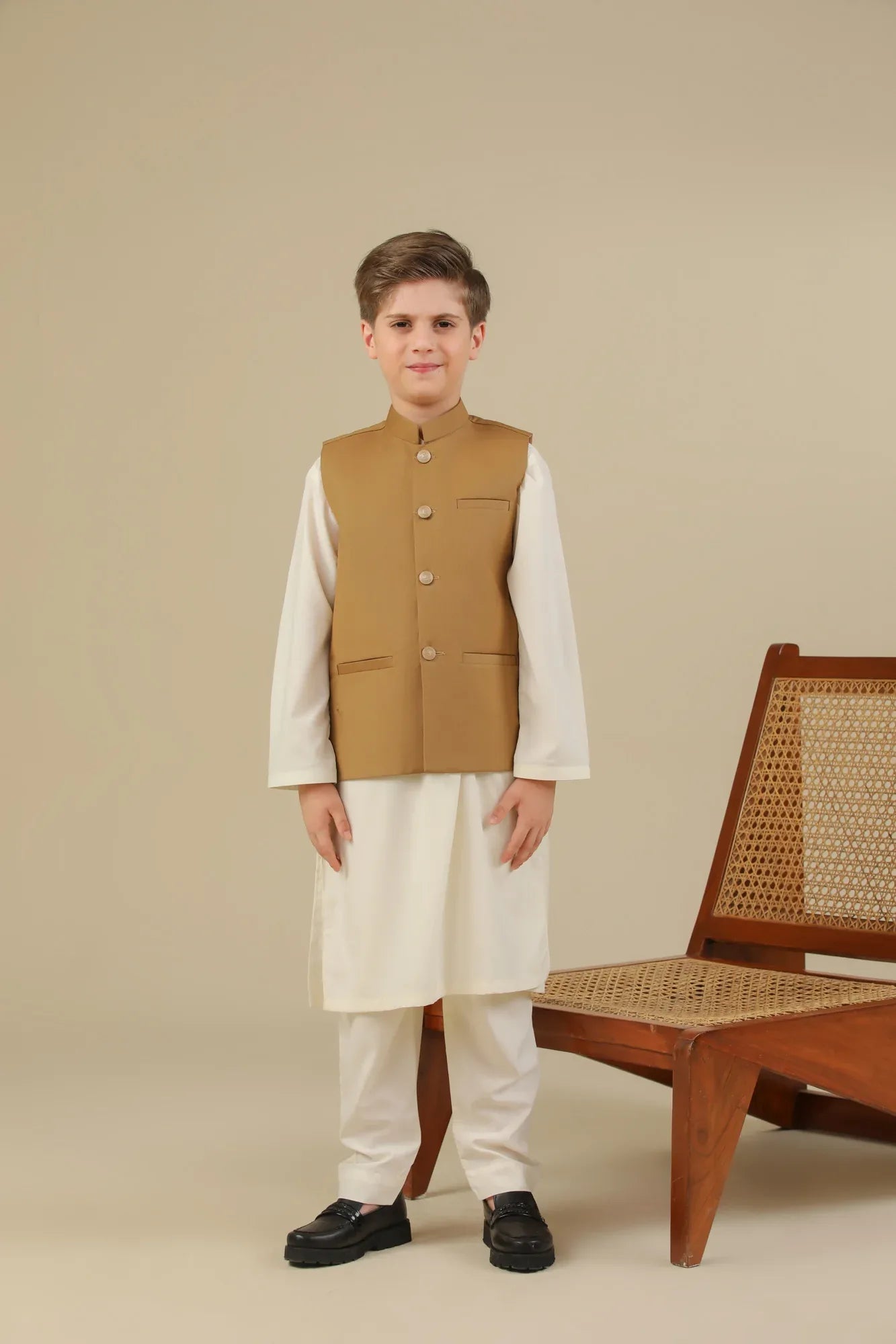 Bosky White Kurta Trouser with Camel Suiting Waistcoat - Straight Cut - Kids - Muraqsh -- Kidswear