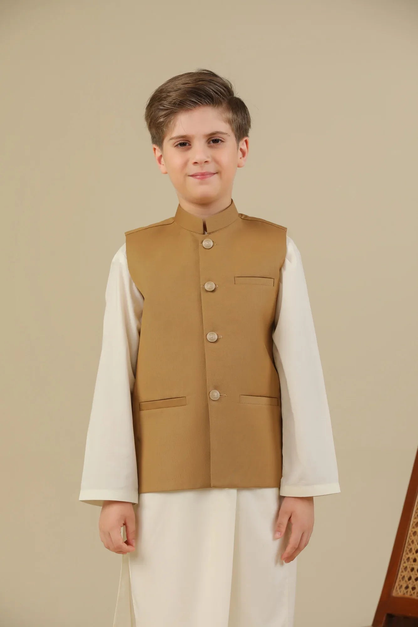 Camel Suiting Waistcoat - Straight Cut Buttoned - Kids - Muraqsh -- Kidswear