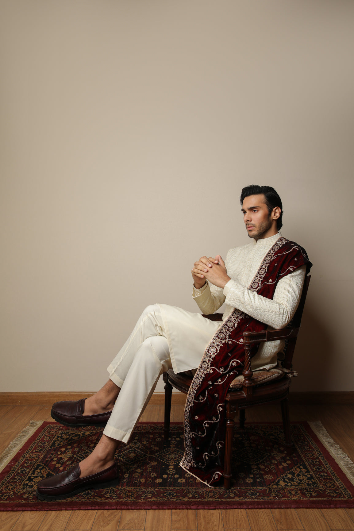Maroon Embroidered Velvet Shawl - Men