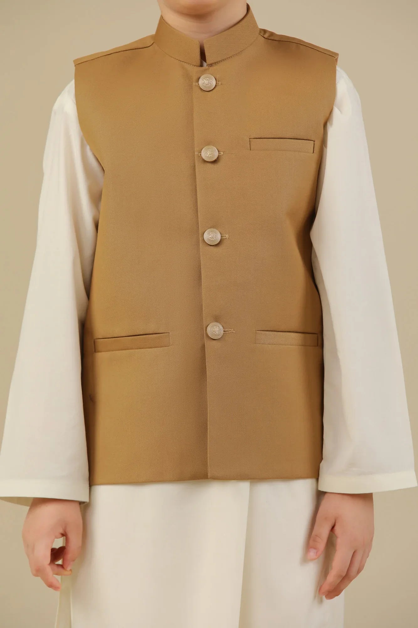 Camel Suiting Waistcoat - Straight Cut Buttoned - Kids - Muraqsh -- Kidswear