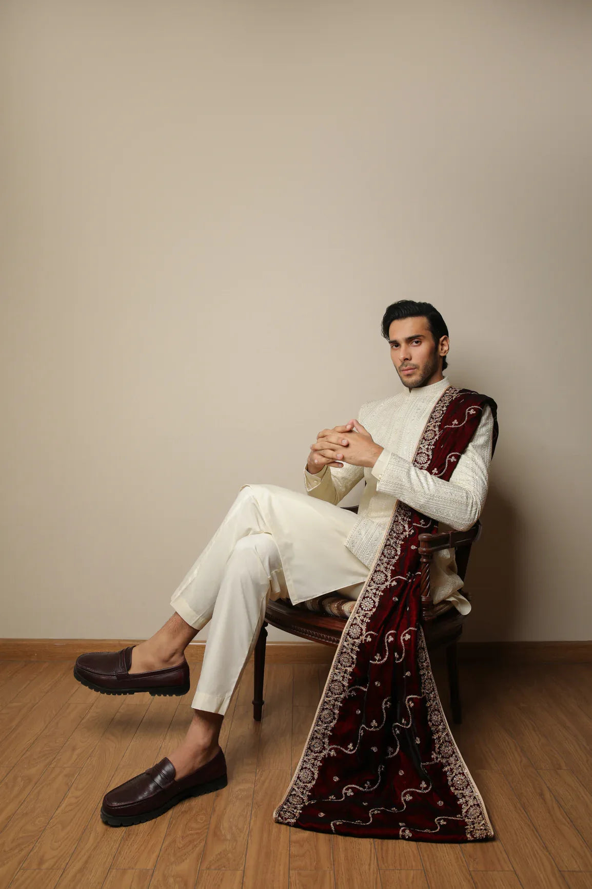 Bosky White Kurta Trouser with Falling Embroidered Prince Coat - 3PC - Men - Muraqsh -- Wedding Wear