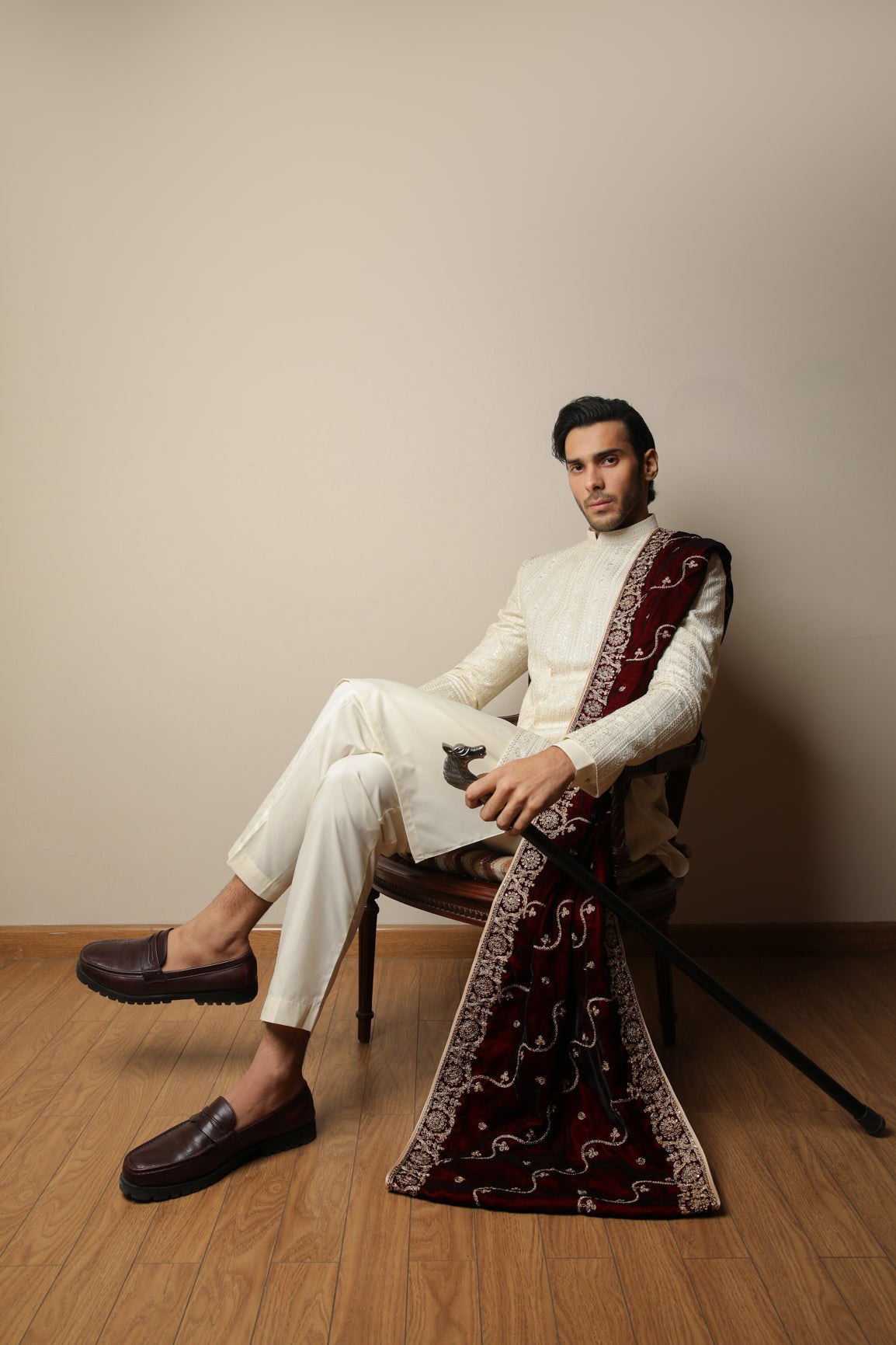 Maroon Embroidered Velvet Shawl - Men