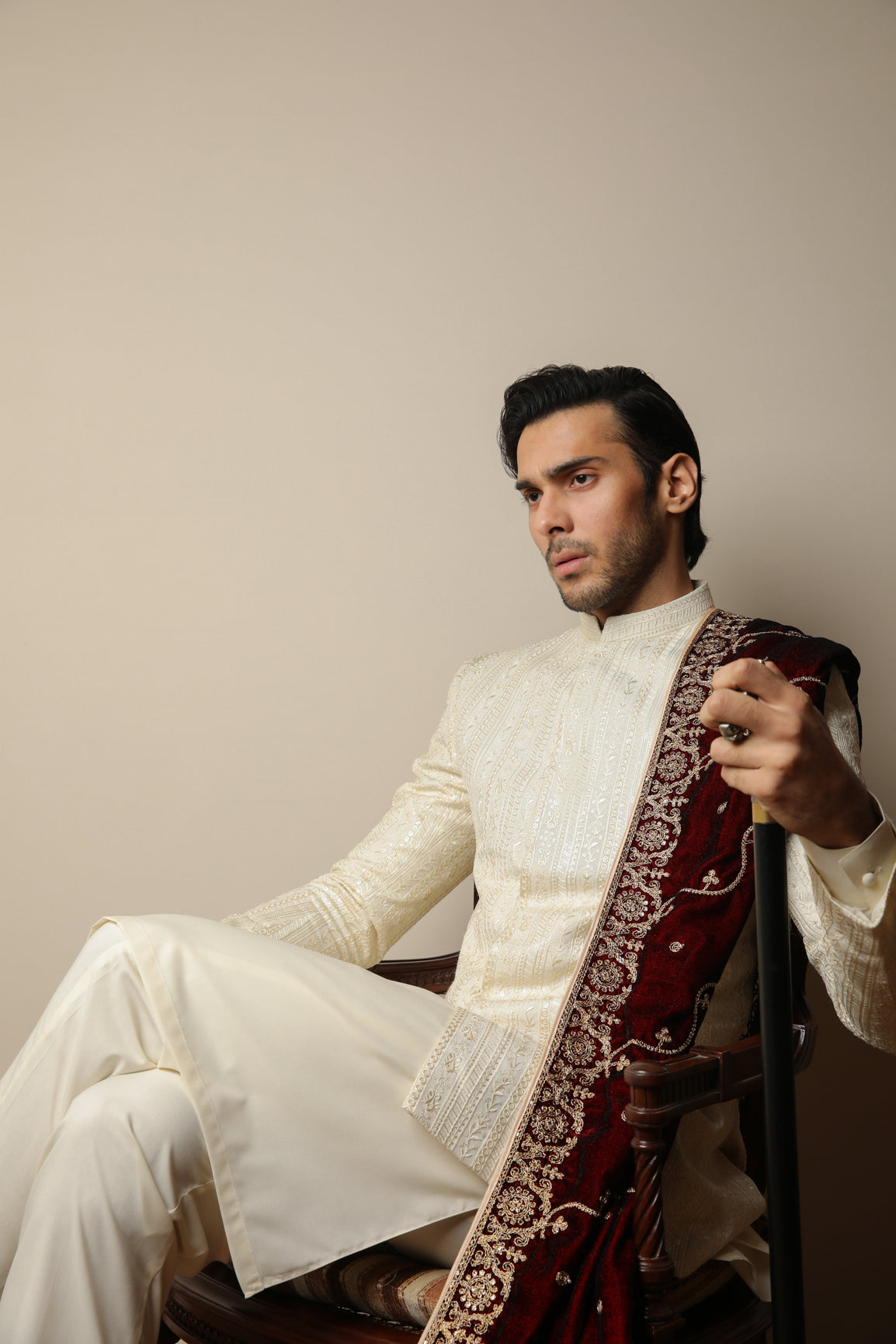 Maroon Embroidered Velvet Shawl - Men