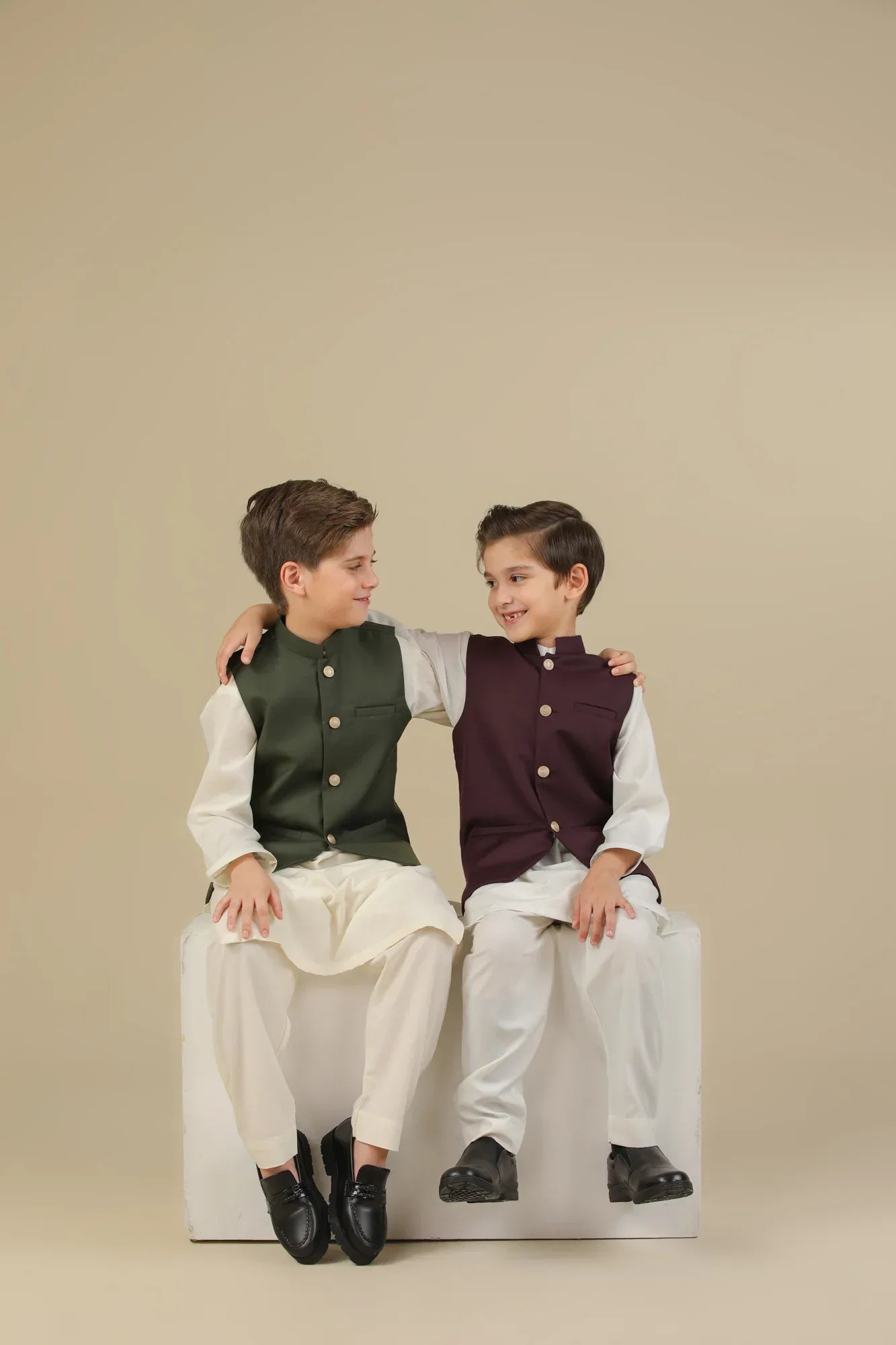 Off White Kurta Trouser with Burgundy Suiting Waistcoat - Straight Cut - Kids - Muraqsh -- Kidswear