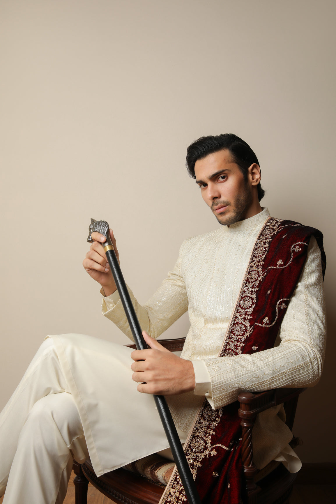 Bosky White Kurta Trouser with Falling Embroidered Prince Coat - 3PC - Men