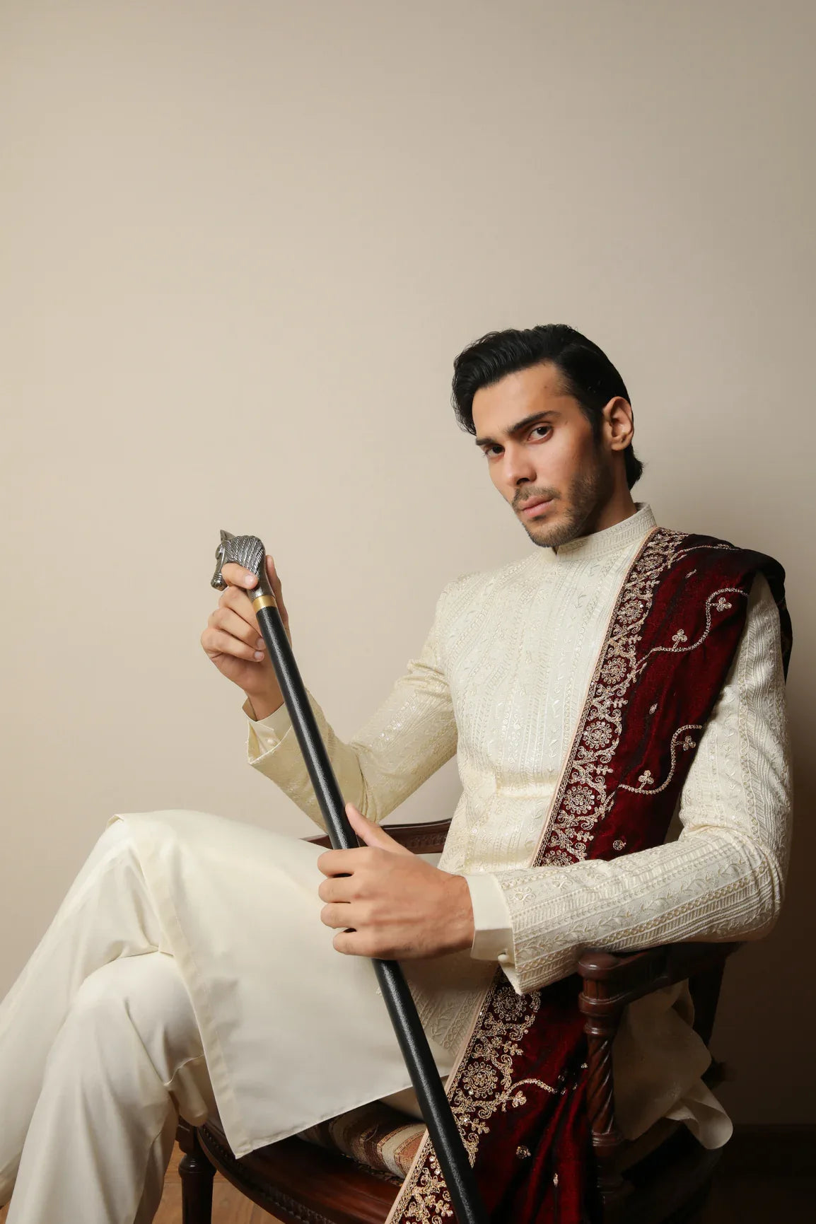 Bosky White Kurta Trouser with Falling Embroidered Prince Coat - 3PC - Men - Muraqsh -- Wedding Wear