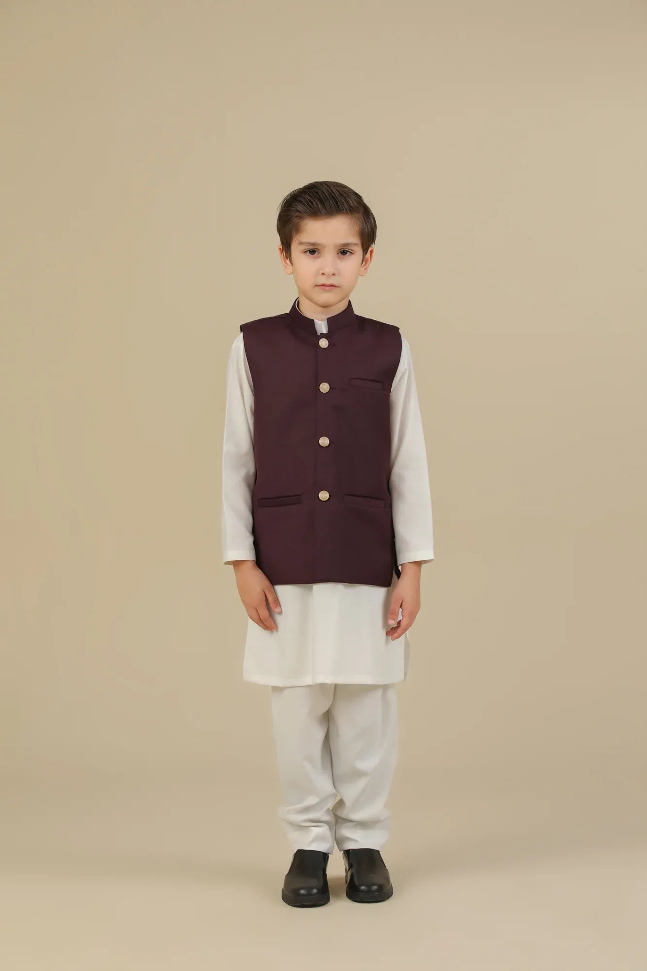 Off White Kurta Trouser with Burgundy Suiting Waistcoat - Straight Cut - Kids - Muraqsh -- Kidswear