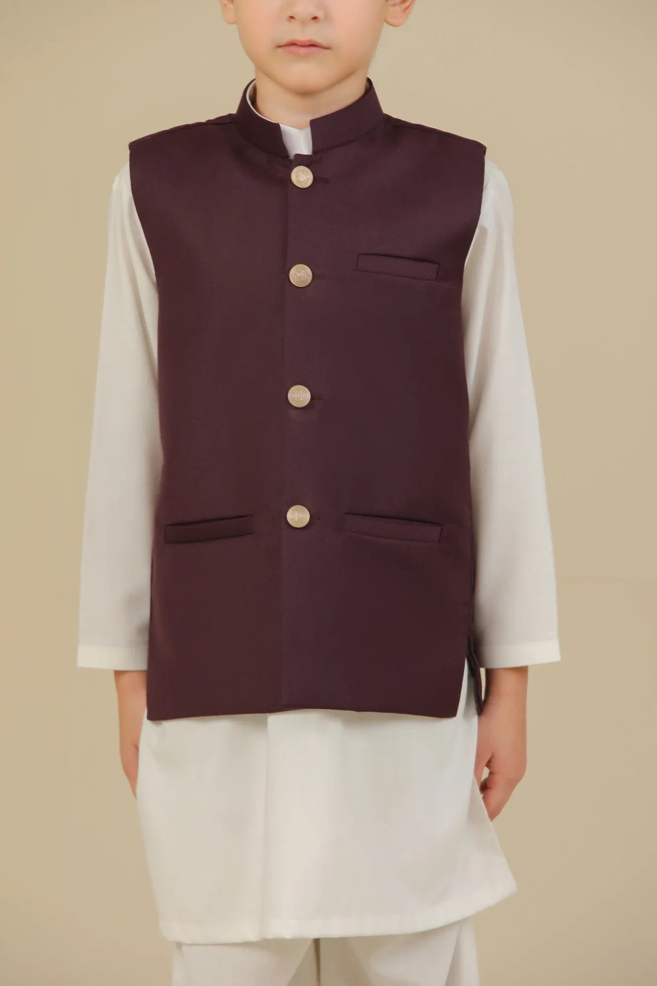 Off White Kurta Trouser with Burgundy Suiting Waistcoat - Straight Cut - Kids - Muraqsh -- Kidswear