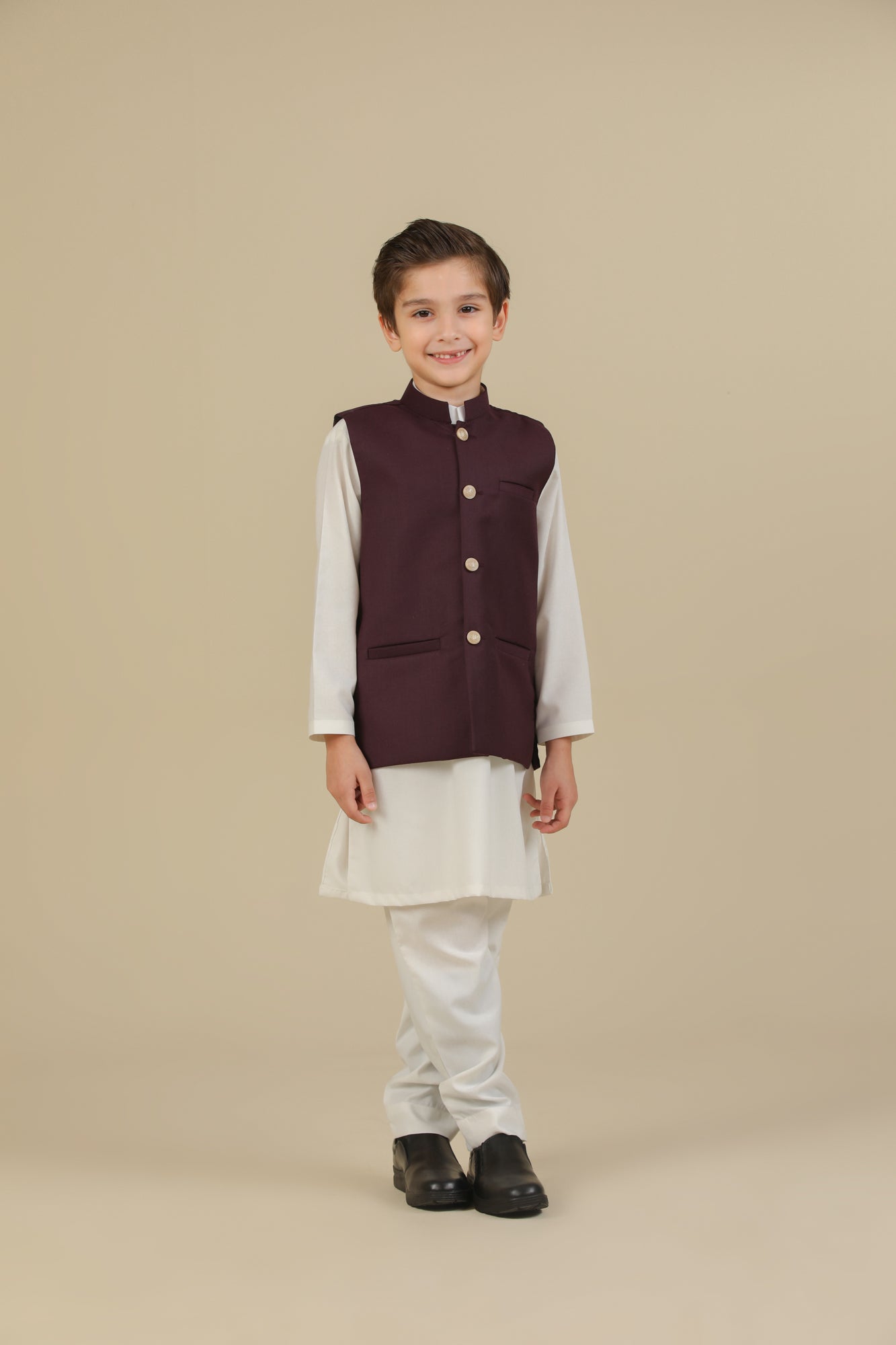 Off White Kurta Trouser with Burgundy Suiting Waistcoat - Straight Cut - Kids
