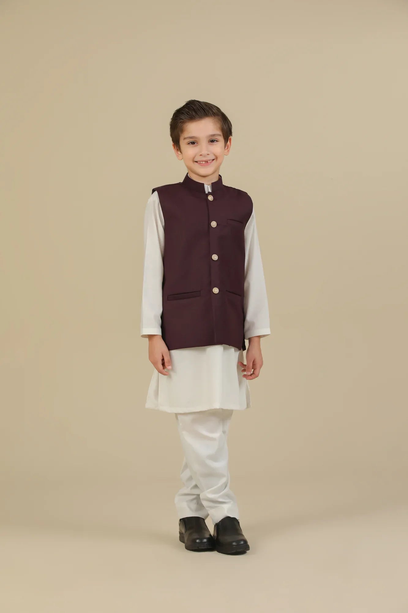 Off White Kurta Trouser with Burgundy Suiting Waistcoat - Straight Cut - Kids - Muraqsh -- Kidswear