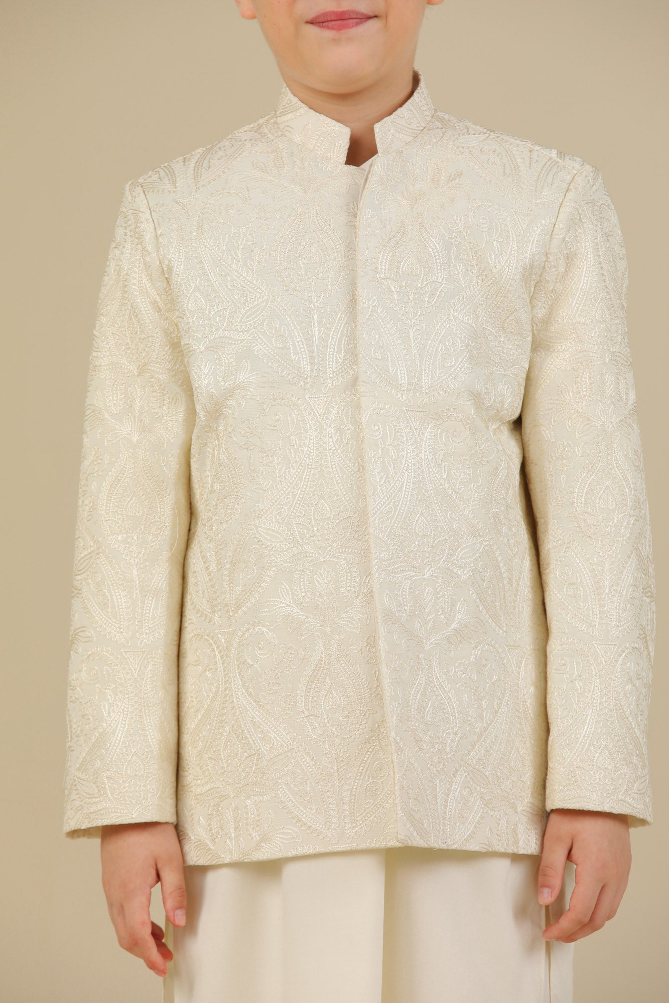 Bosky White Cross Stitched Embroidered Prince Coat - Kids