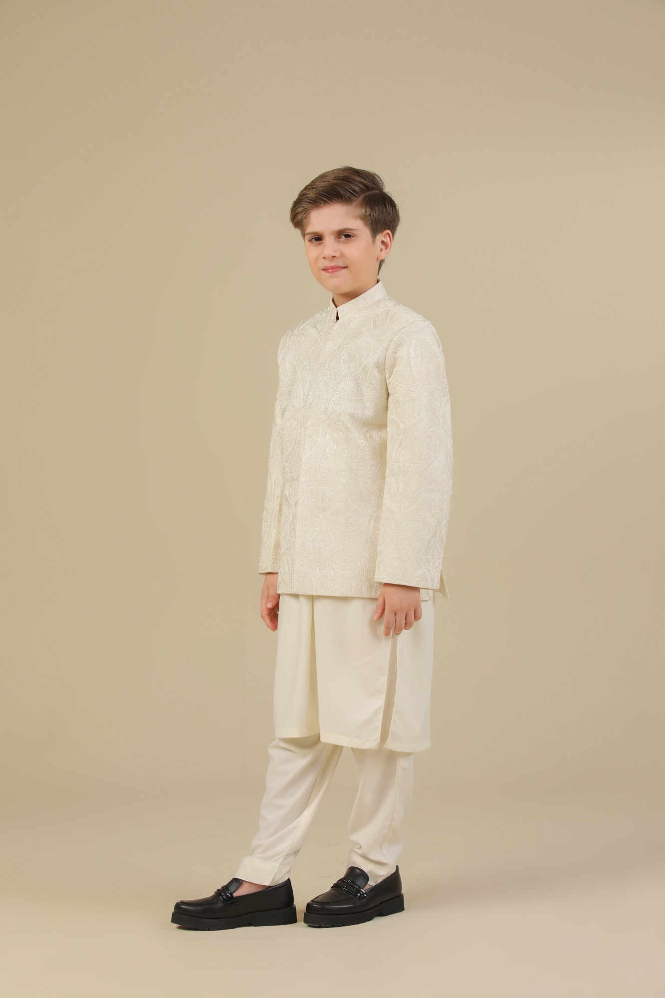 Bosky White Kurta Trouser with Cross Stitched Embroidered Prince Coat - 3PC - Kids