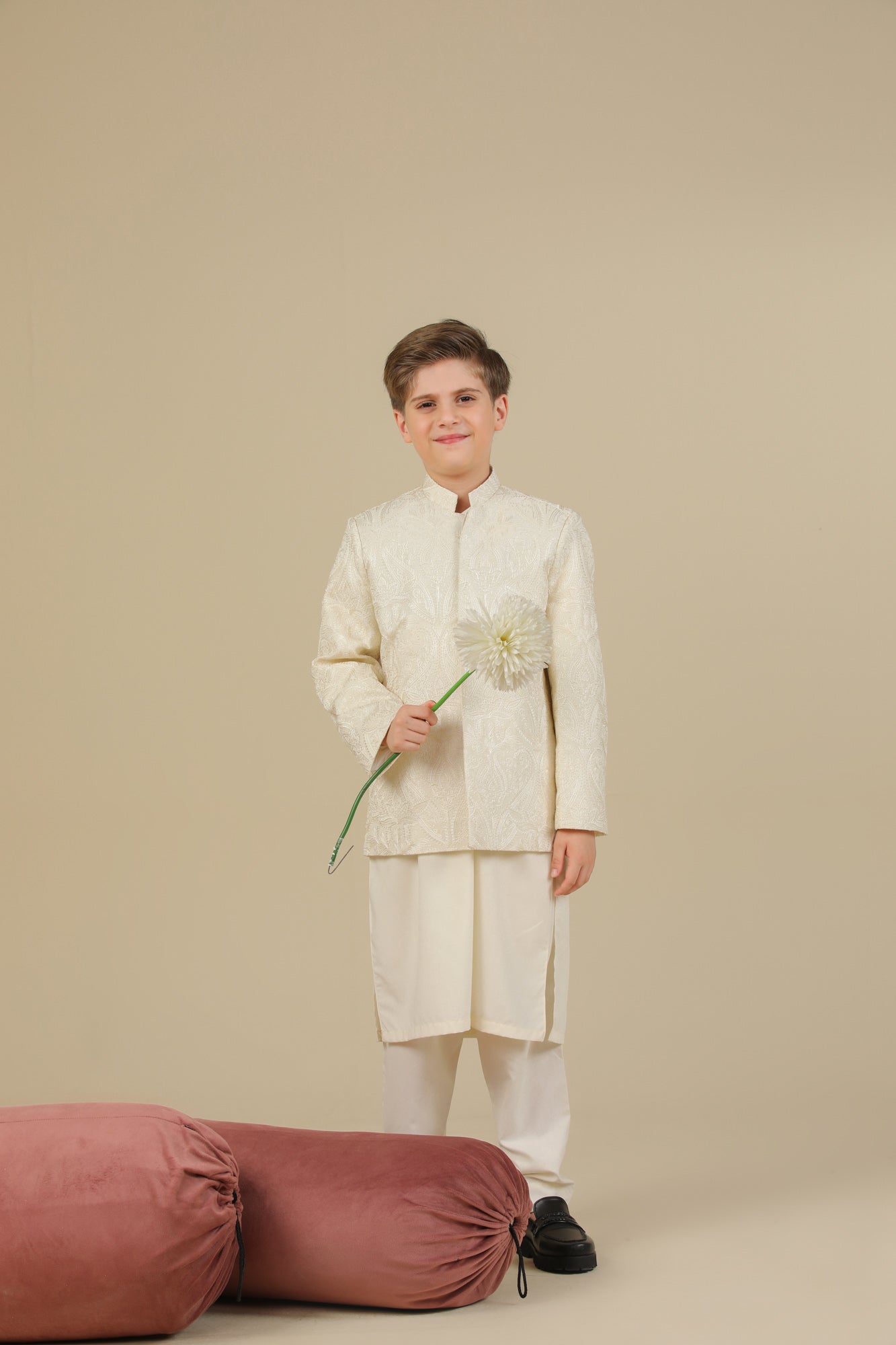 Bosky White Kurta Trouser with Cross Stitched Embroidered Prince Coat - 3PC - Kids