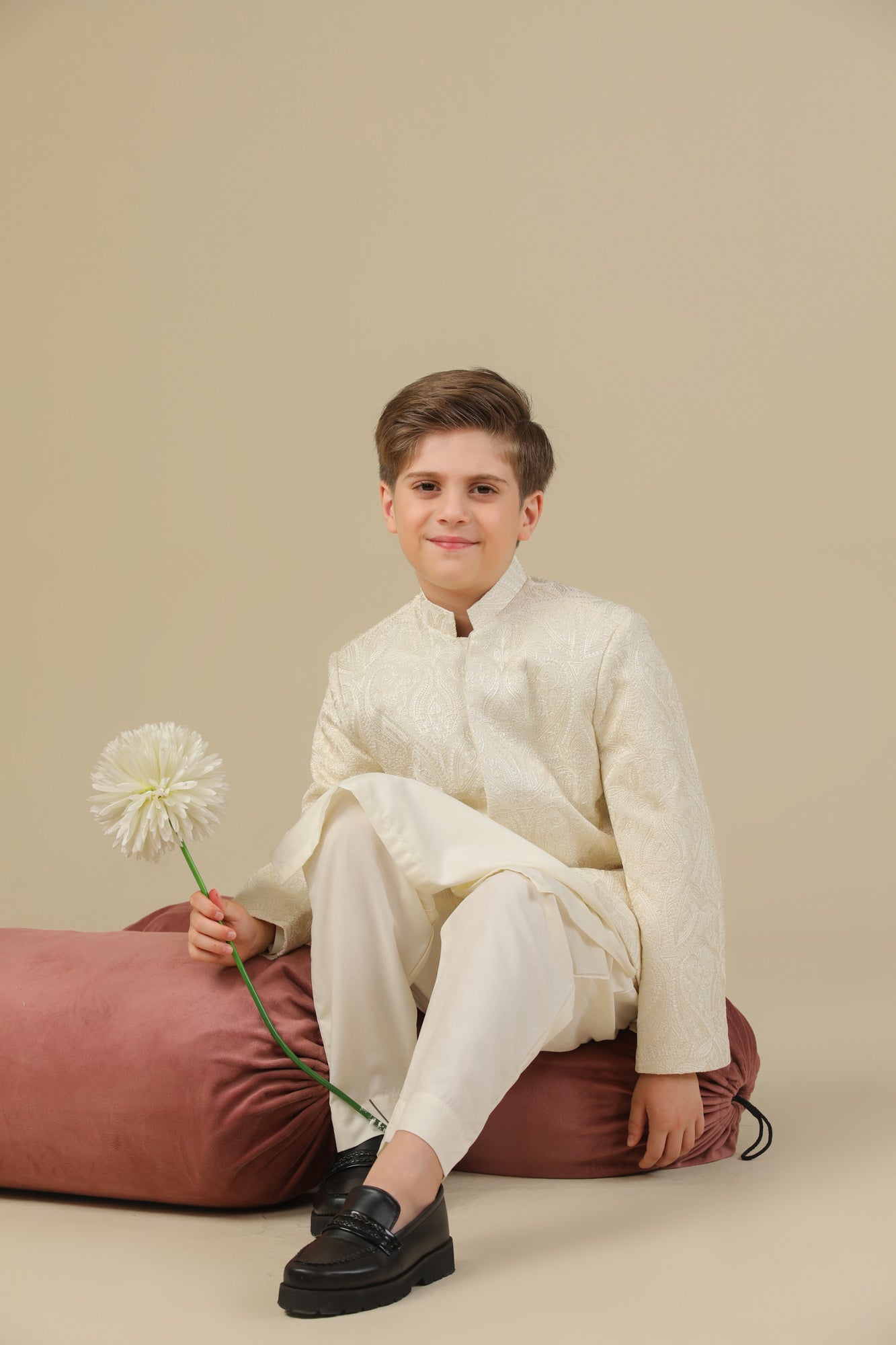 Bosky White Kurta Trouser with Cross Stitched Embroidered Prince Coat - 3PC - Kids
