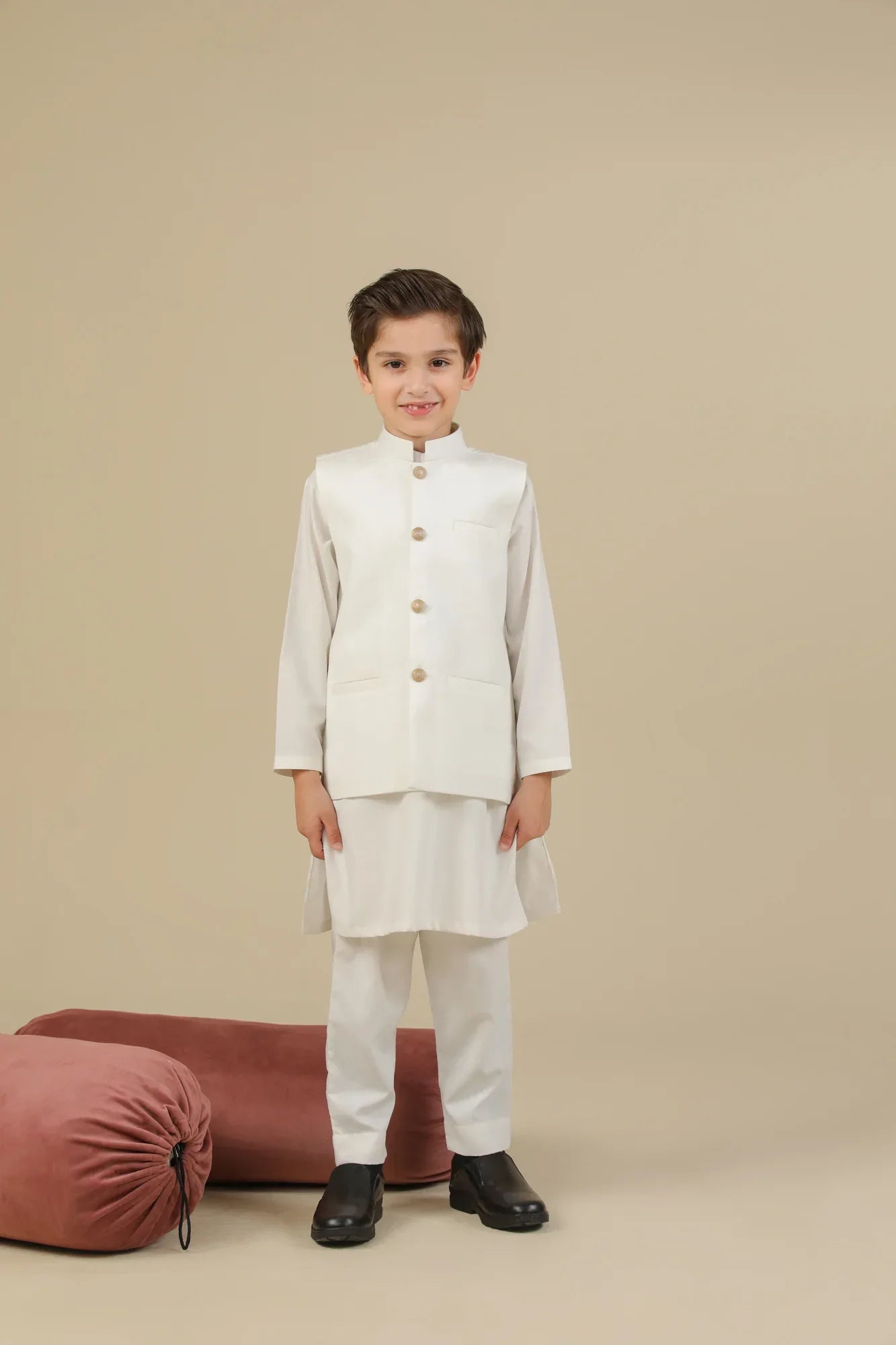 Off White Kurta Trouser with Suiting Waistcoat - Straight Cut - Kids - Muraqsh -- Kidswear