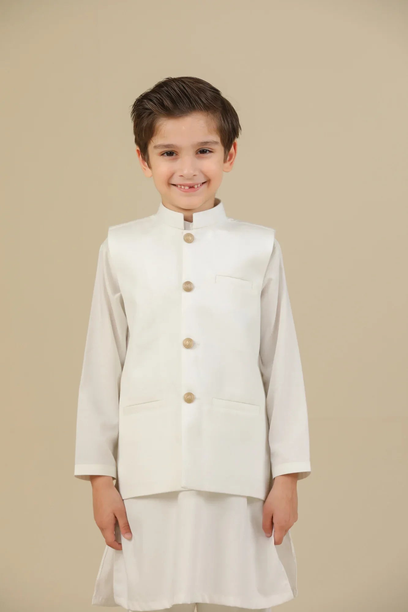 Off White Kurta Trouser with Suiting Waistcoat - Straight Cut - Kids - Muraqsh -- Kidswear