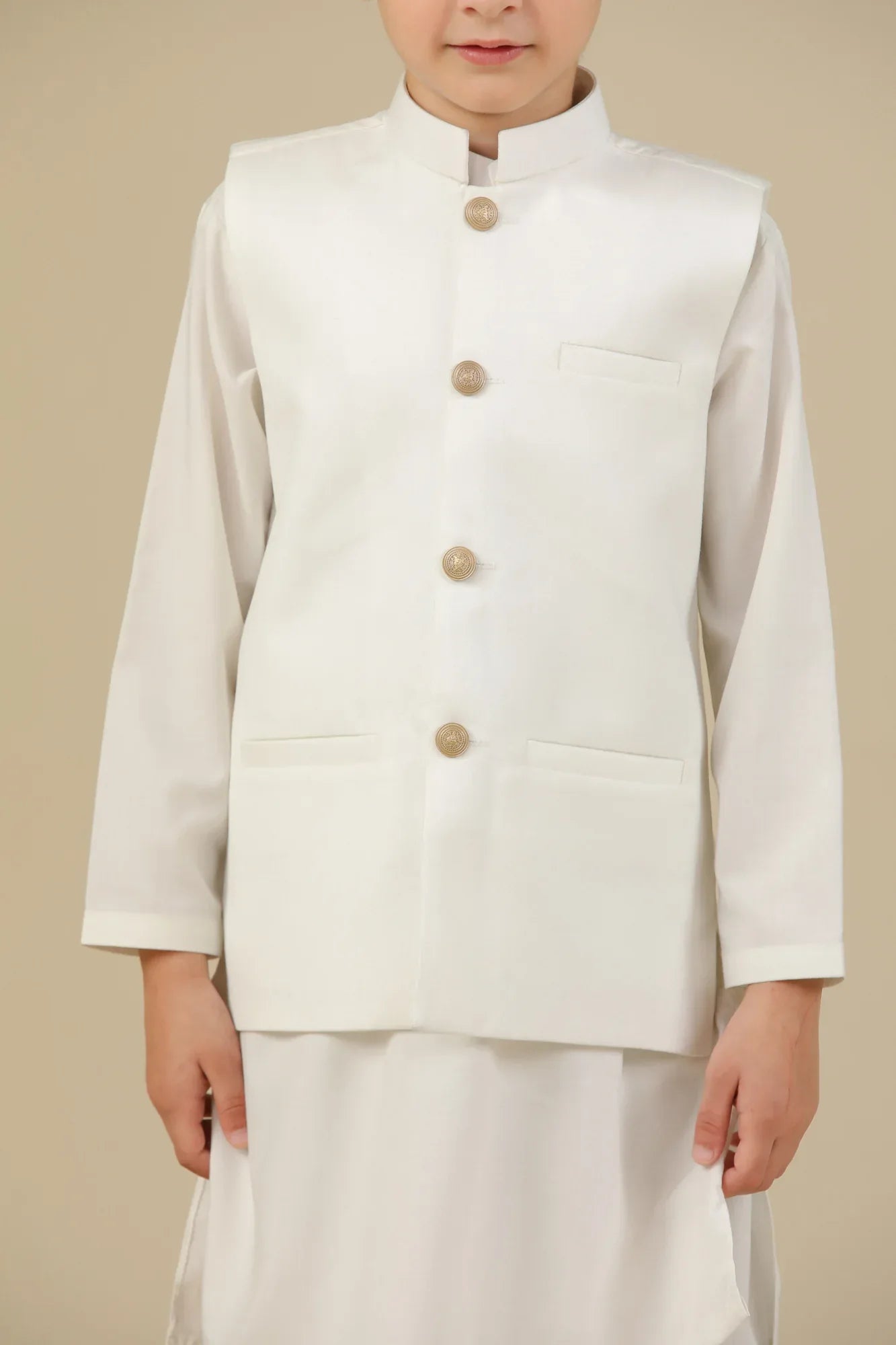 Off White Kurta Trouser with Suiting Waistcoat - Straight Cut - Kids - Muraqsh -- Kidswear