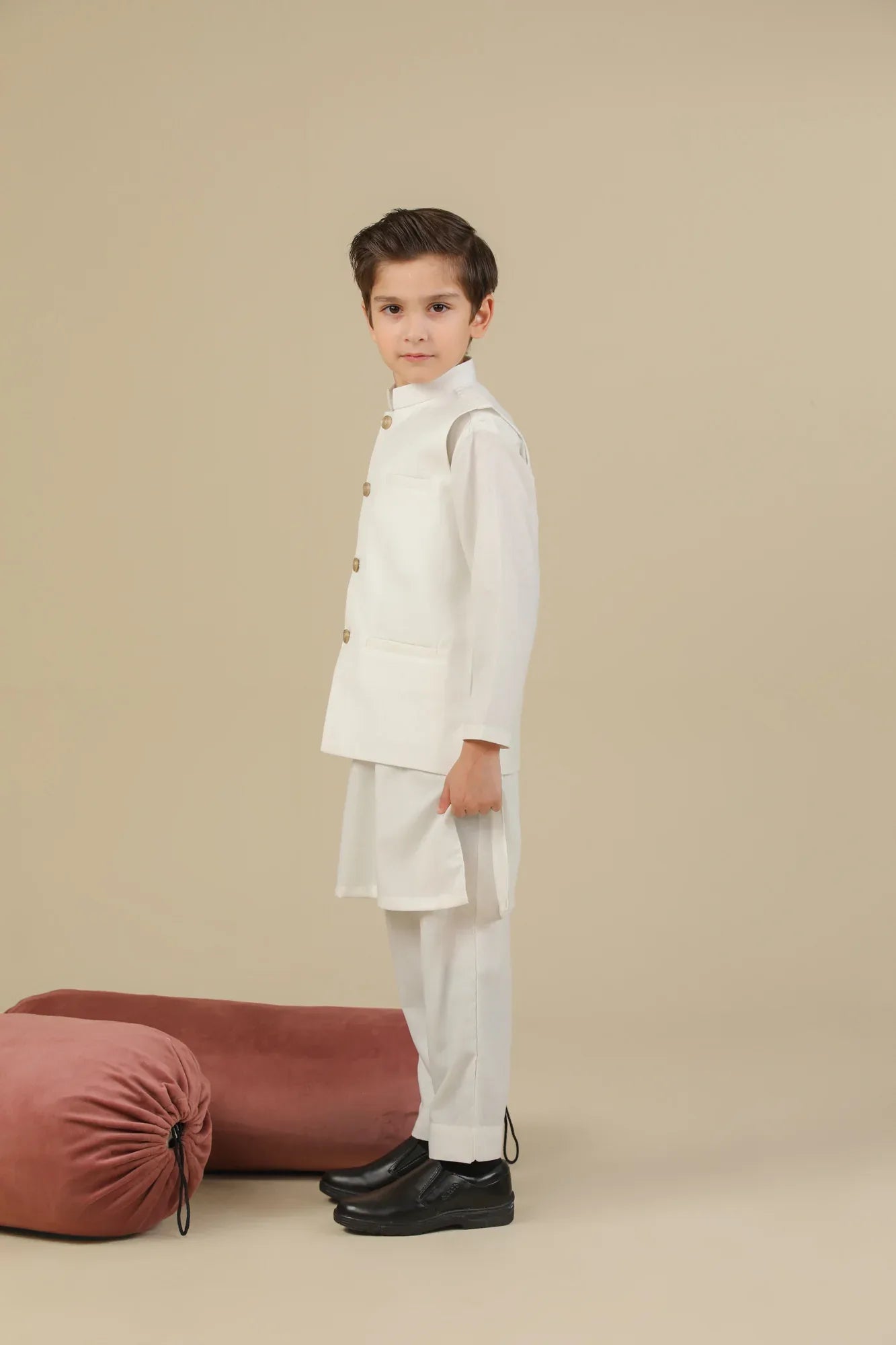 Off White Kurta Trouser with Suiting Waistcoat - Straight Cut - Kids - Muraqsh -- Kidswear