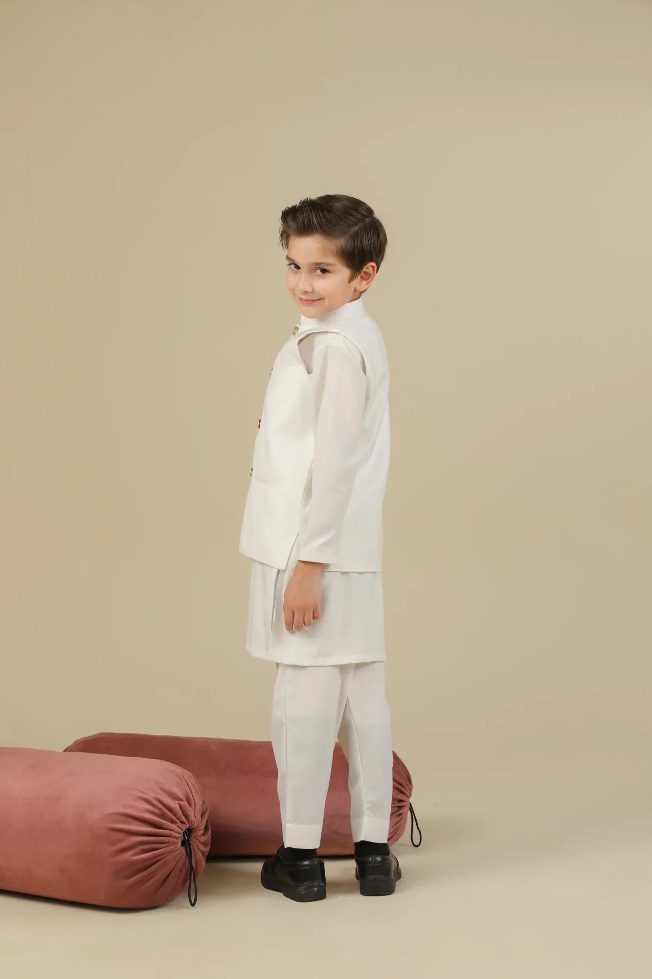 Off White Kurta Trouser with Suiting Waistcoat - Straight Cut - Kids - Muraqsh -- Kidswear