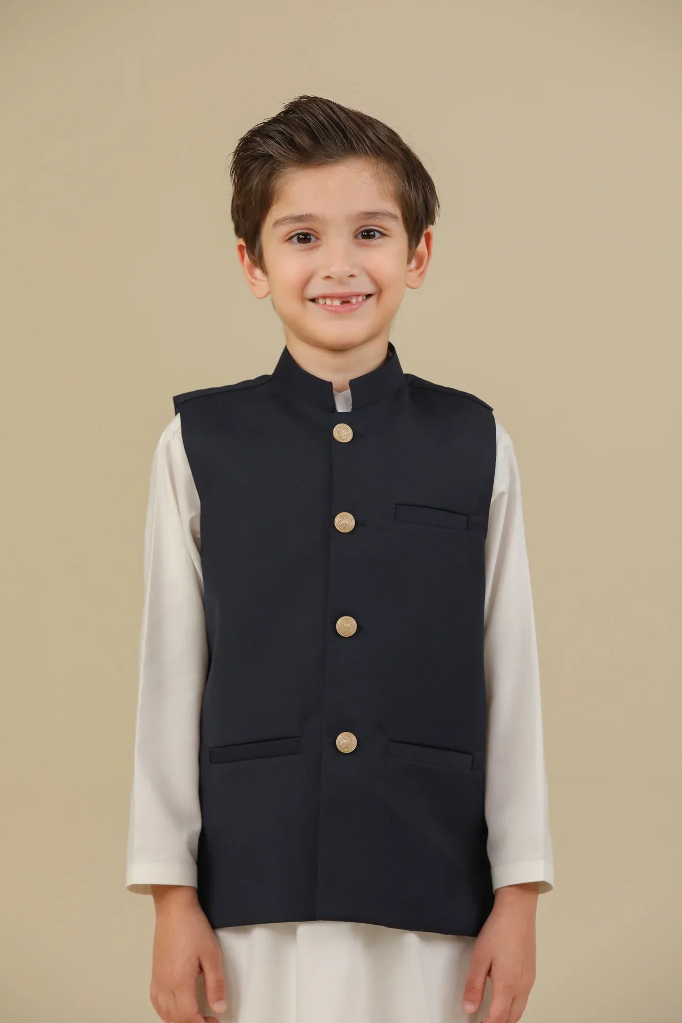 Navy Blue Suiting Waistcoat - Straight Cut Buttoned - Kids - Muraqsh -- Kidswear