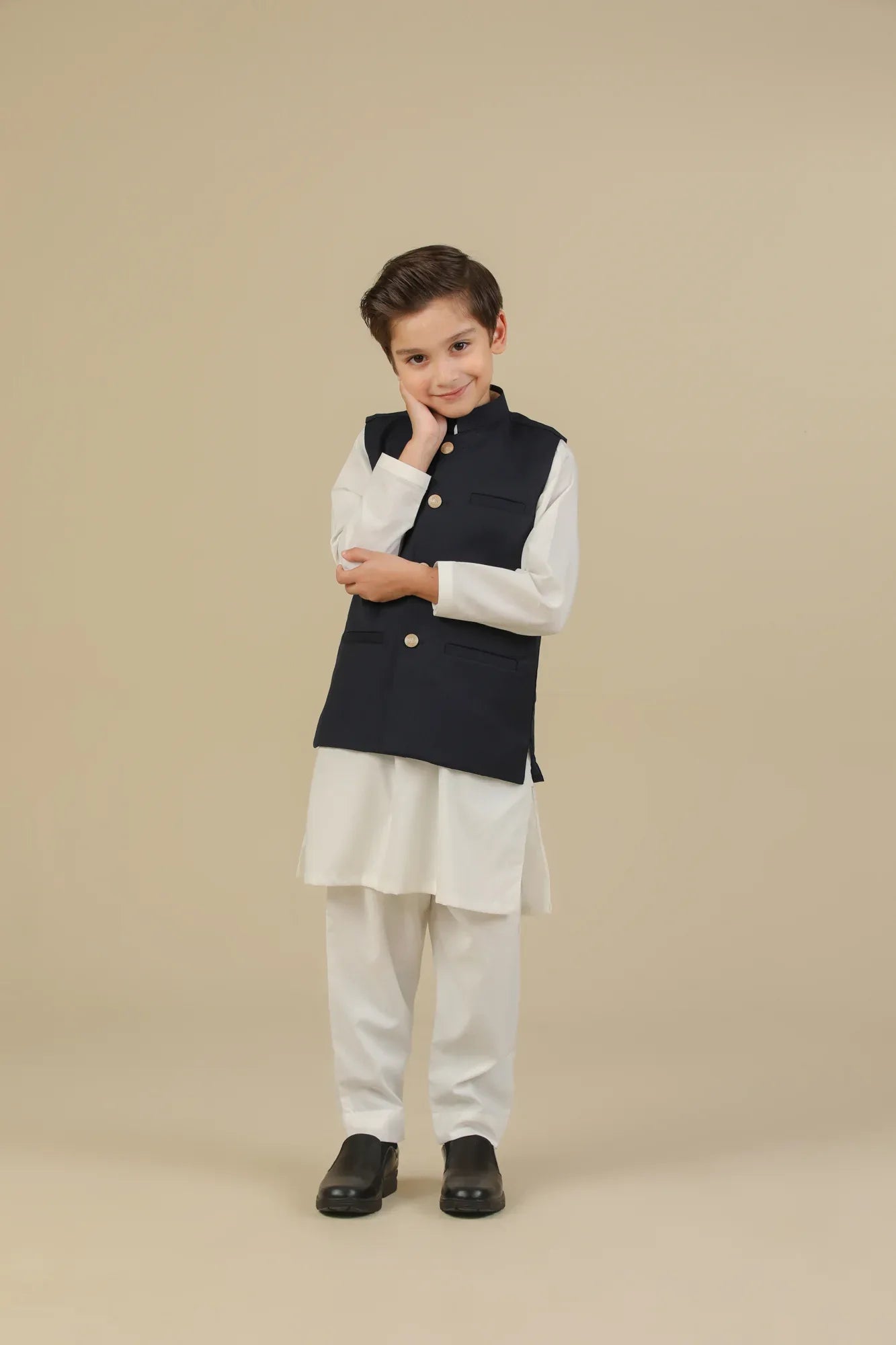Off White Kurta Trouser with Blue Suiting Waistcoat - Straight Cut - Kids - Muraqsh -- Kidswear