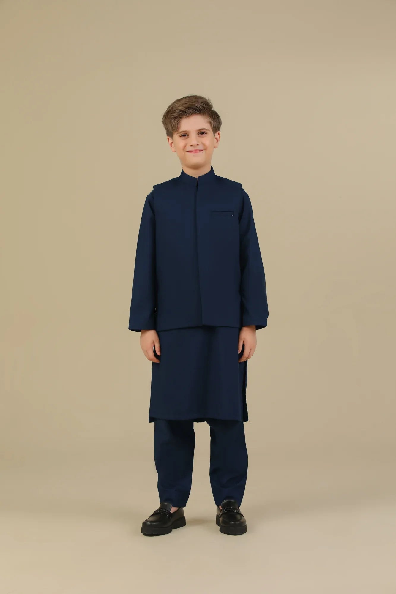 Navy Blue Kurta Trouser with Blended Waistcoat - Kids - Muraqsh -- Kidswear