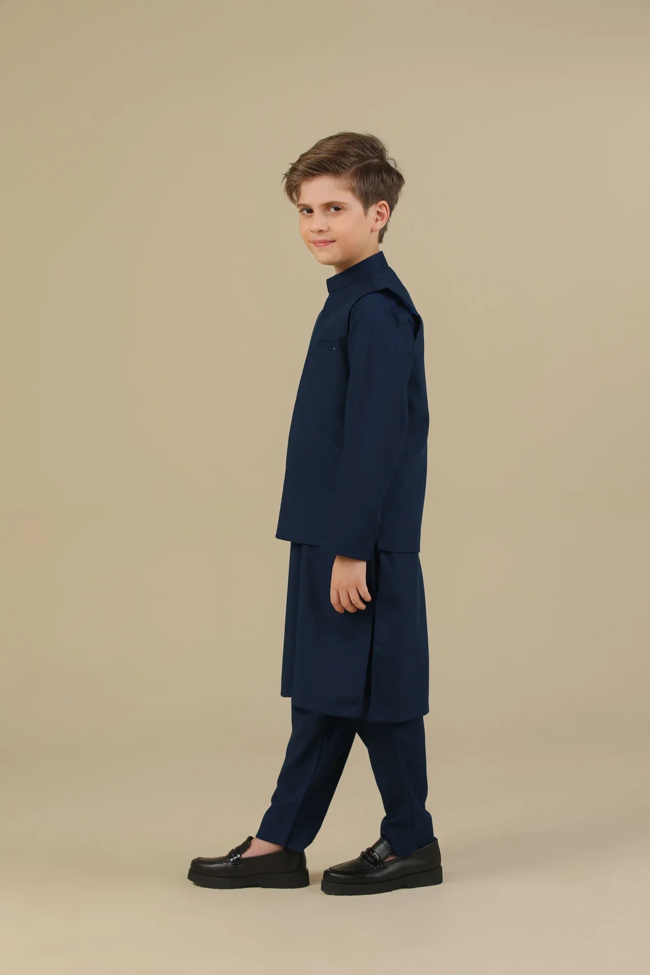 Navy Blue Kurta Trouser with Blended Waistcoat - Kids - Muraqsh -- Kidswear