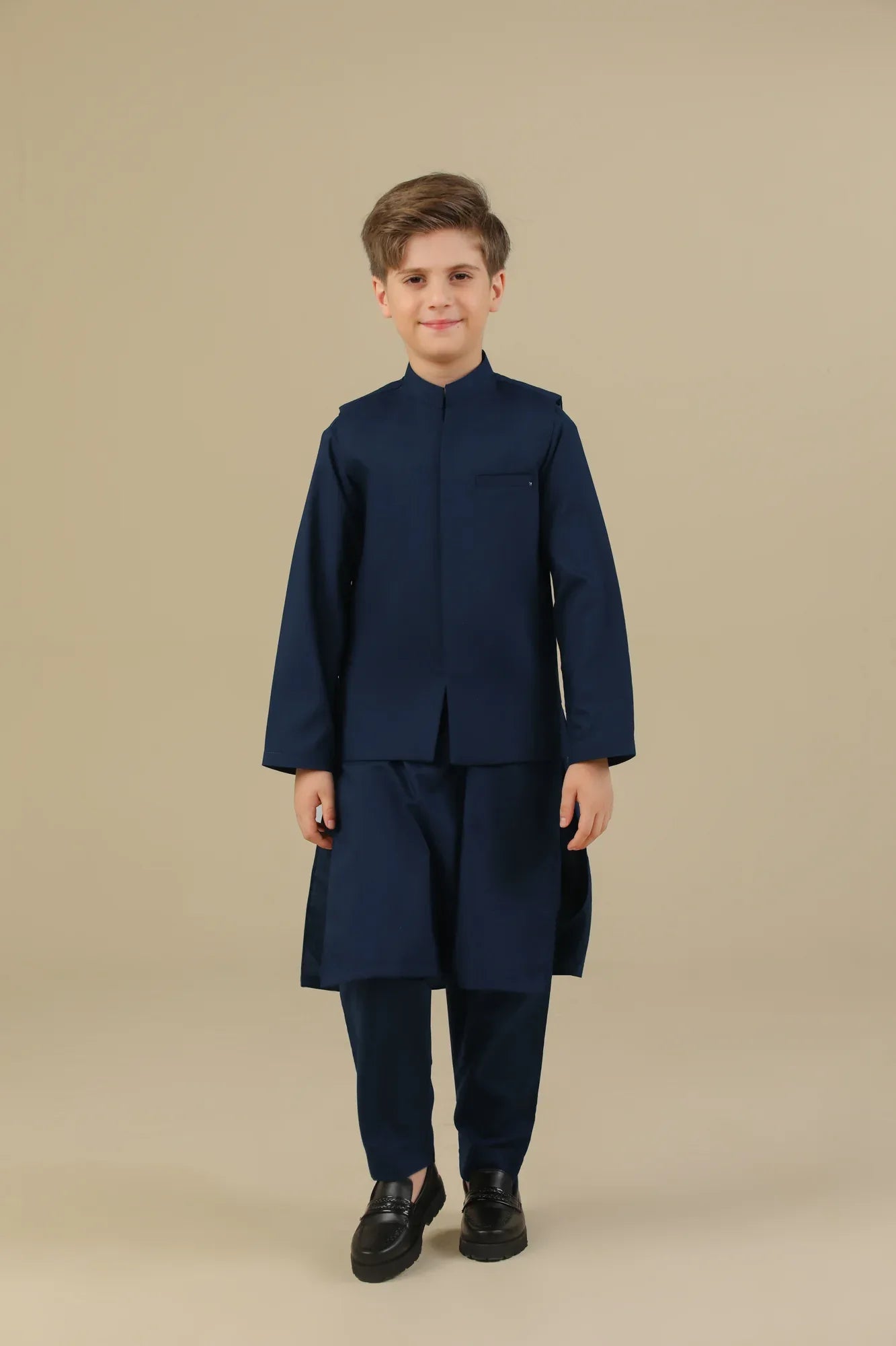 Navy Blue Kurta Trouser with Blended Waistcoat - Kids - Muraqsh -- Kidswear