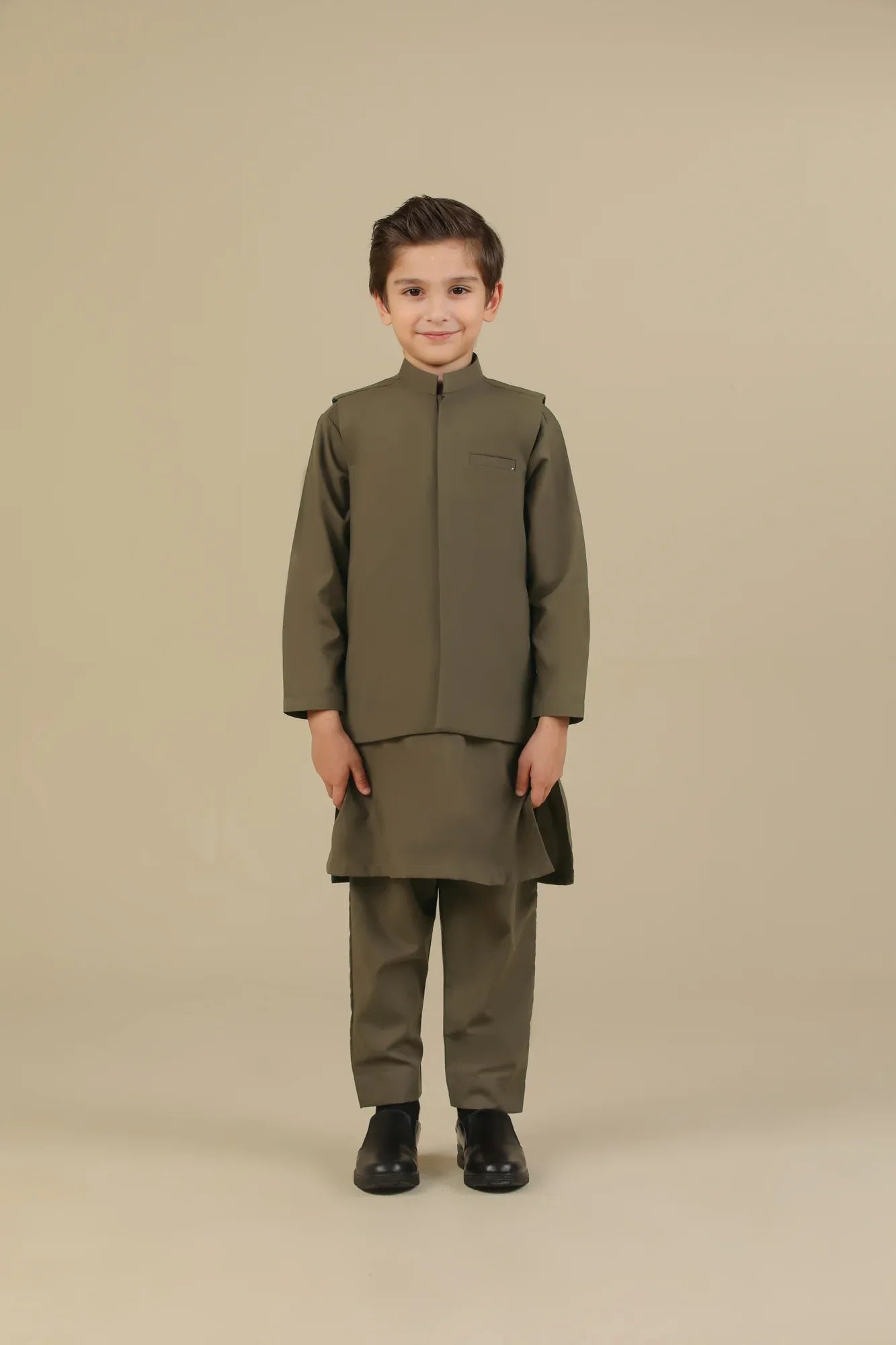 Olive Green Kurta Trouser with Blended Waistcoat - Kids - Muraqsh -- Kidswear