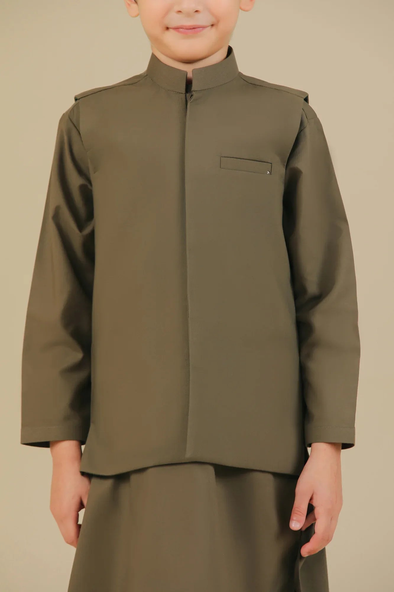 Olive Green Kurta Trouser with Blended Waistcoat - Kids - Muraqsh -- Kidswear