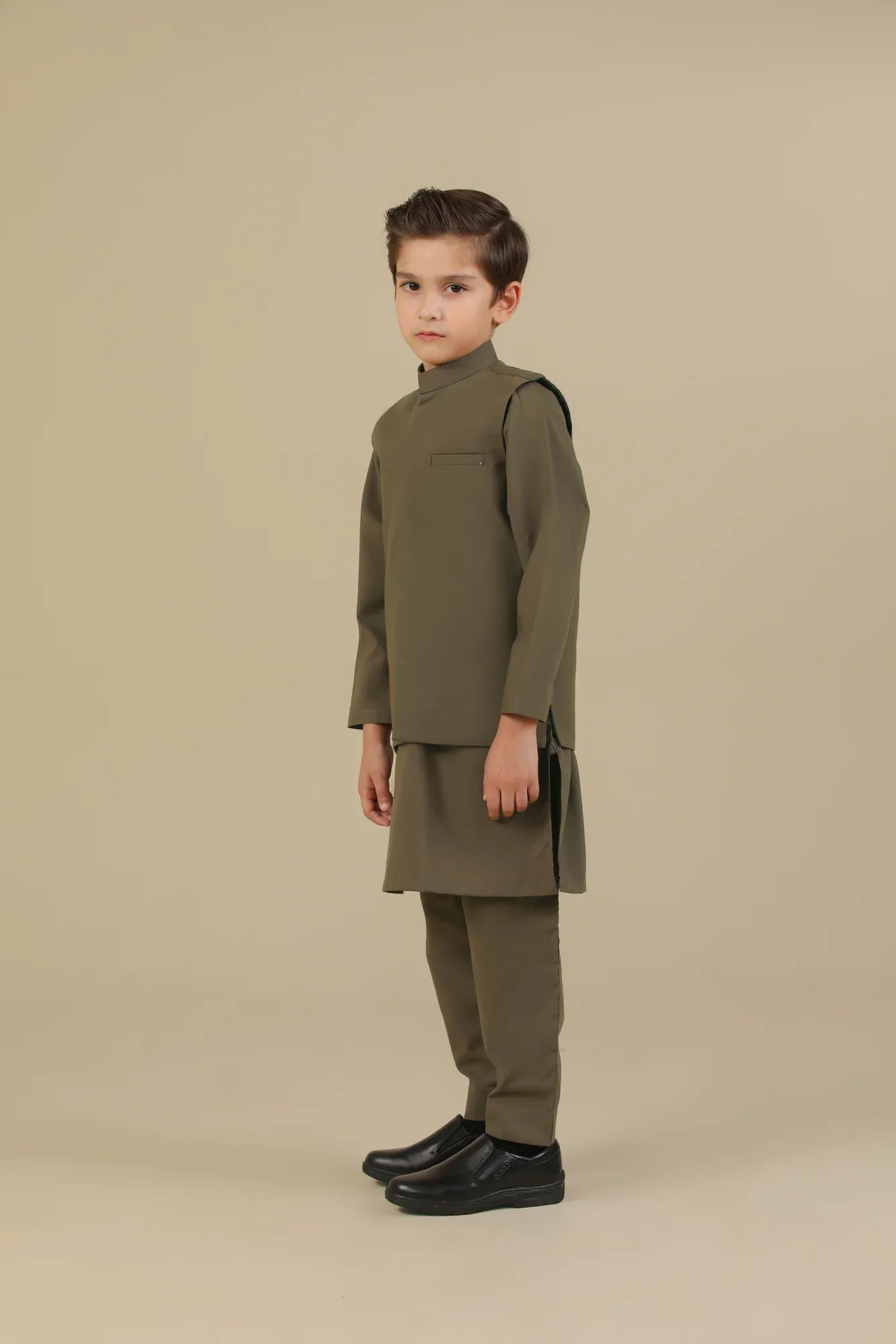 Olive Green Kurta Trouser with Blended Waistcoat - Kids - Muraqsh -- Kidswear