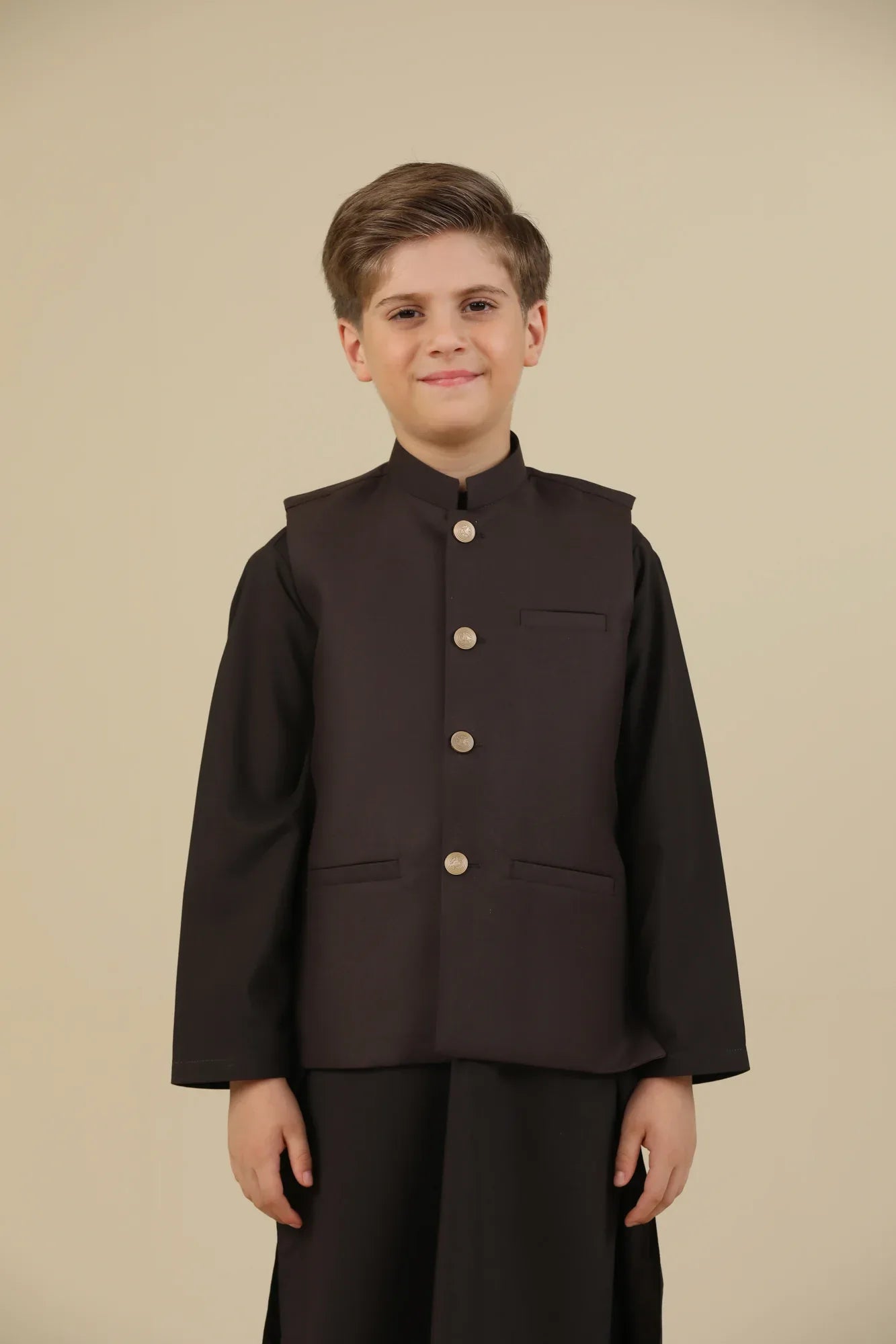 Dark Brown Suiting Waistcoat - Straight Cut Buttoned - Kids - Muraqsh -- Kidswear