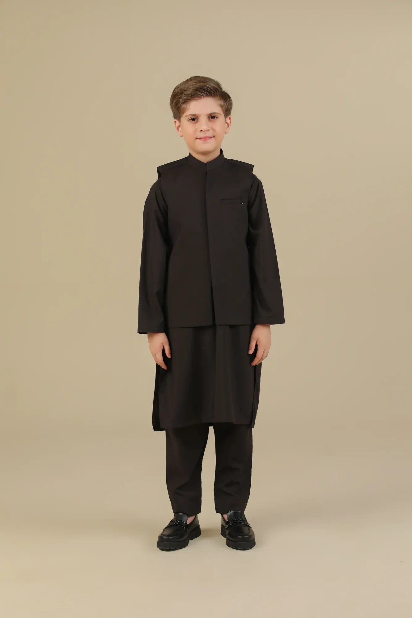 Dark Brown Kurta Trouser with Blended Waistcoat - Kids - Muraqsh -- Kidswear