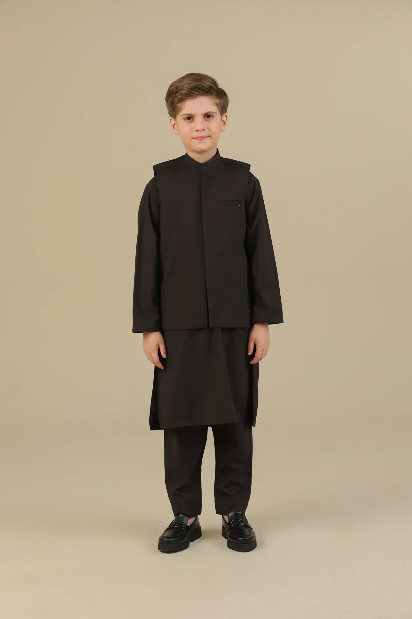Dark Brown Kurta Trouser with Blended Waistcoat - Kids - Muraqsh -- Kidswear