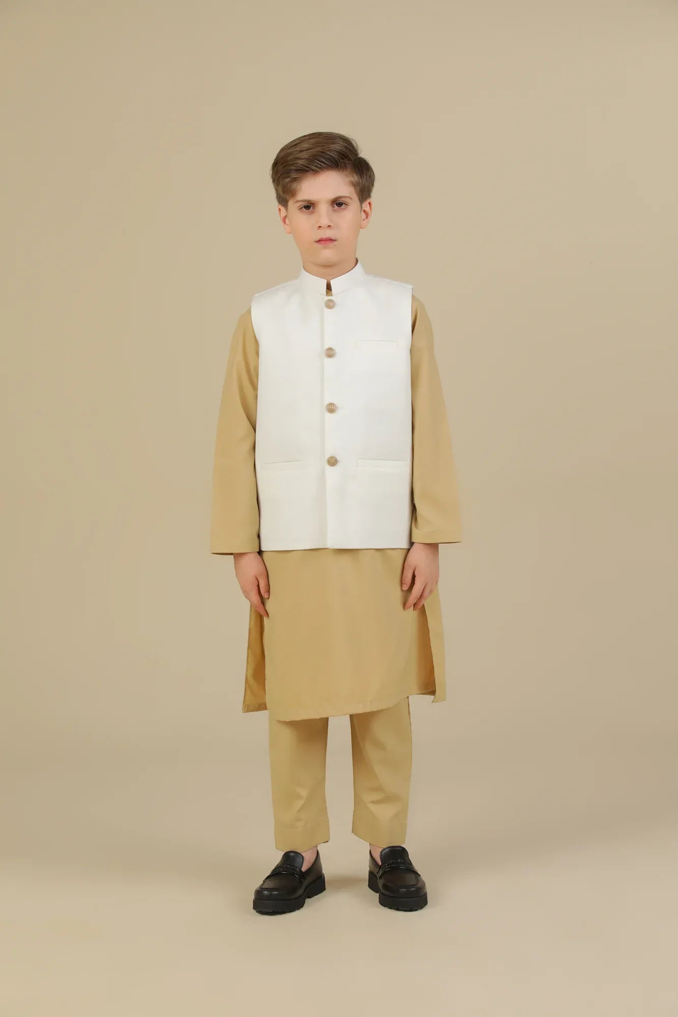 Ivory Kurta Trouser with Off White Suiting Waistcoat - Straight Cut - Kids - Muraqsh -- Kidswear