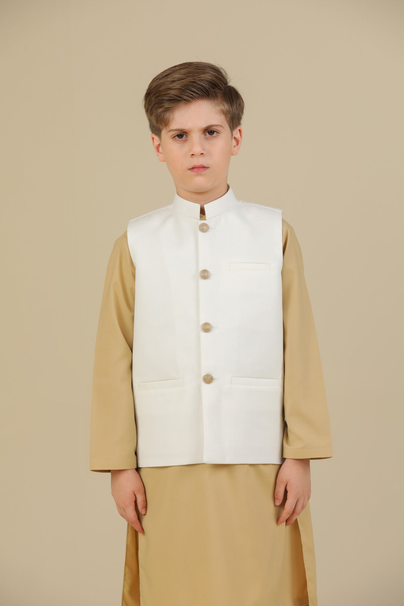 Ivory Kurta Trouser with Off White Suiting Waistcoat - Straight Cut - Kids