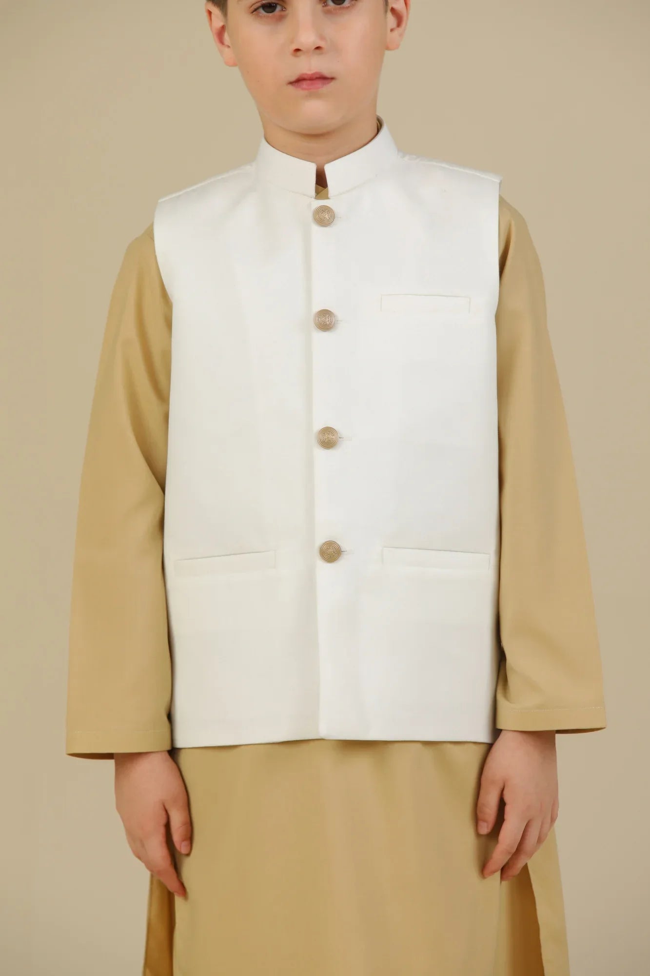 Ivory Kurta Trouser with Off White Suiting Waistcoat - Straight Cut - Kids - Muraqsh -- Kidswear