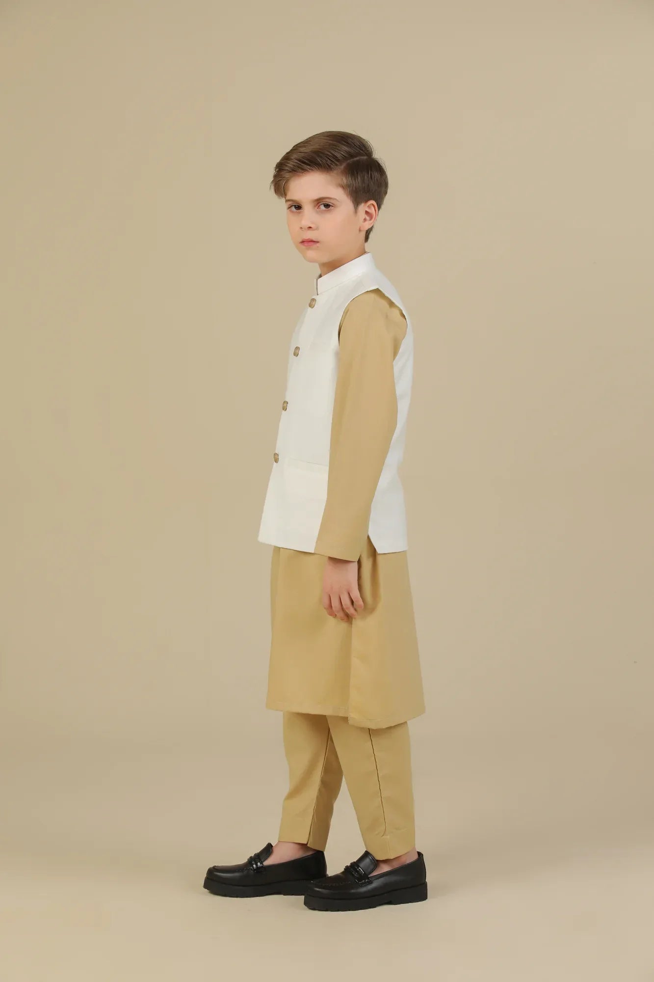 Ivory Kurta Trouser with Off White Suiting Waistcoat - Straight Cut - Kids - Muraqsh -- Kidswear