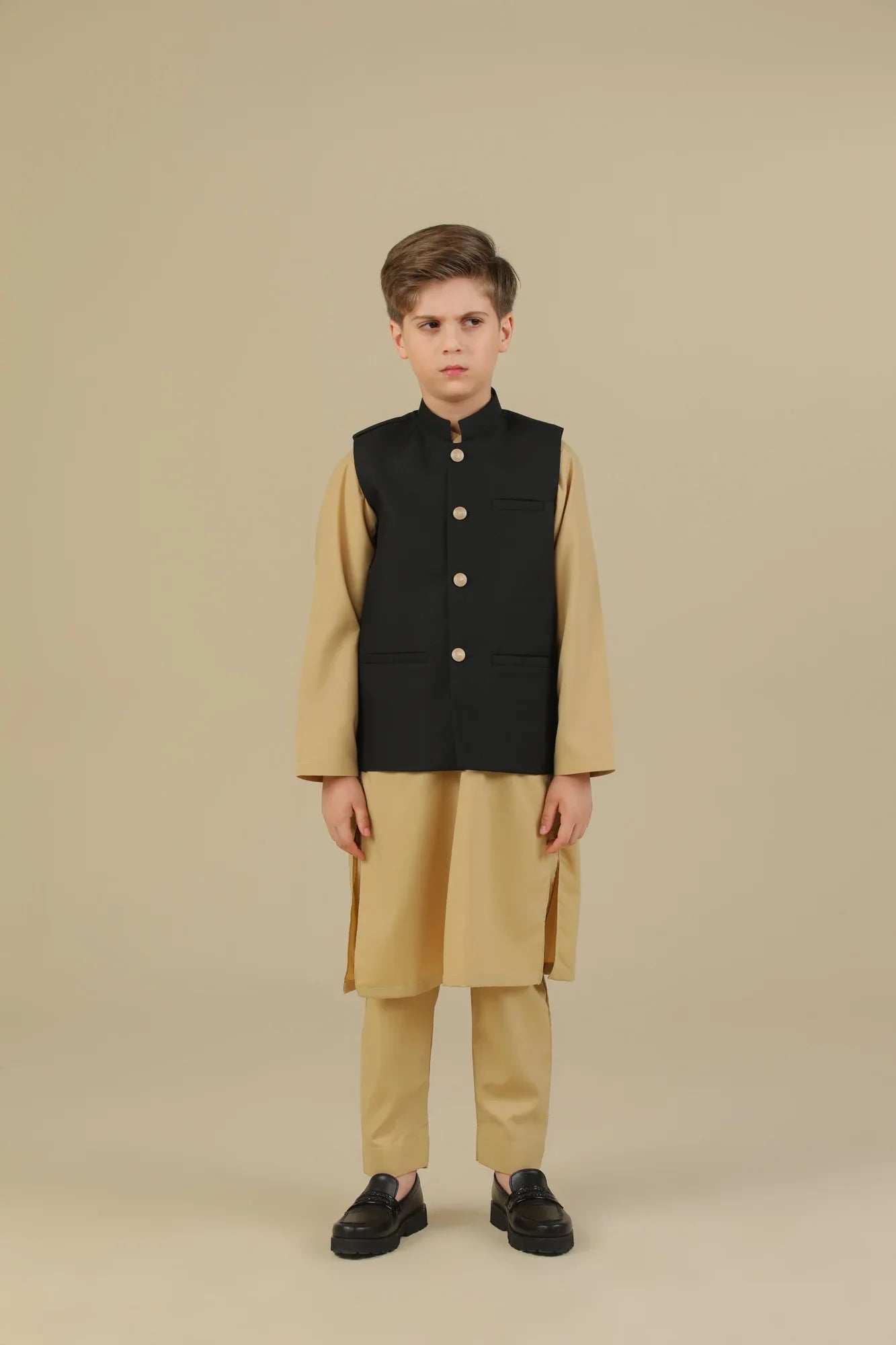 Ivory Kurta Trouser with Black Suiting Waistcoat - Straight Cut - Kids - Muraqsh -- Kidswear