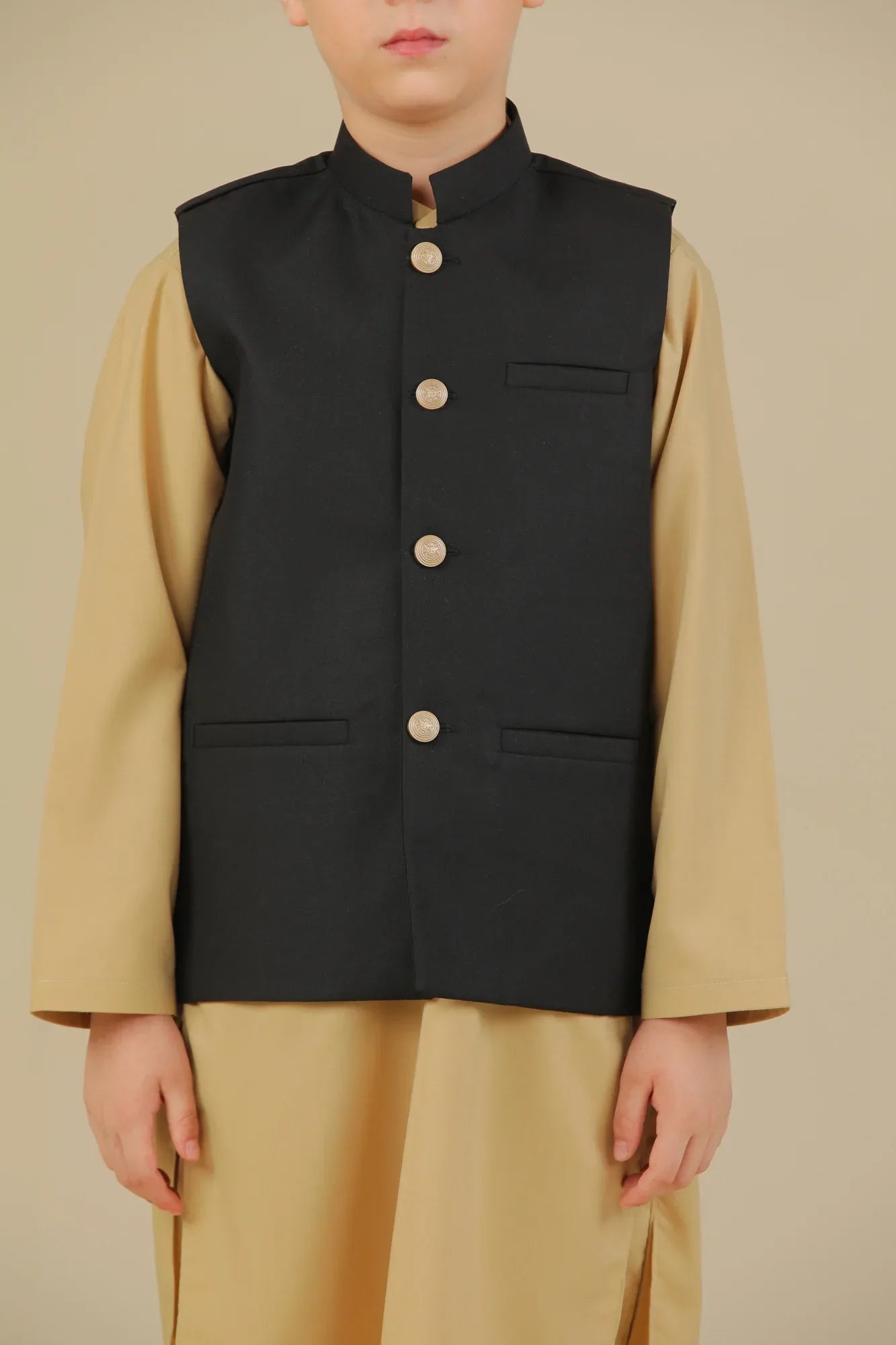 Black Suiting Waistcoat - Straight Cut Buttoned - Kids - Muraqsh -- Kidswear